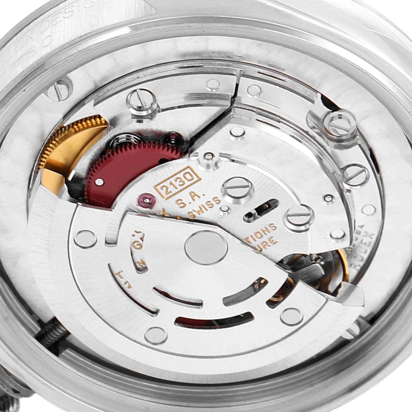 This image shows a detailed view of the movement mechanism of a Rolex Mid-Size 67480 Women
s Stainless Steel Pink Dial 67480 Women
s Stainless Steel Pink Dial model watch.