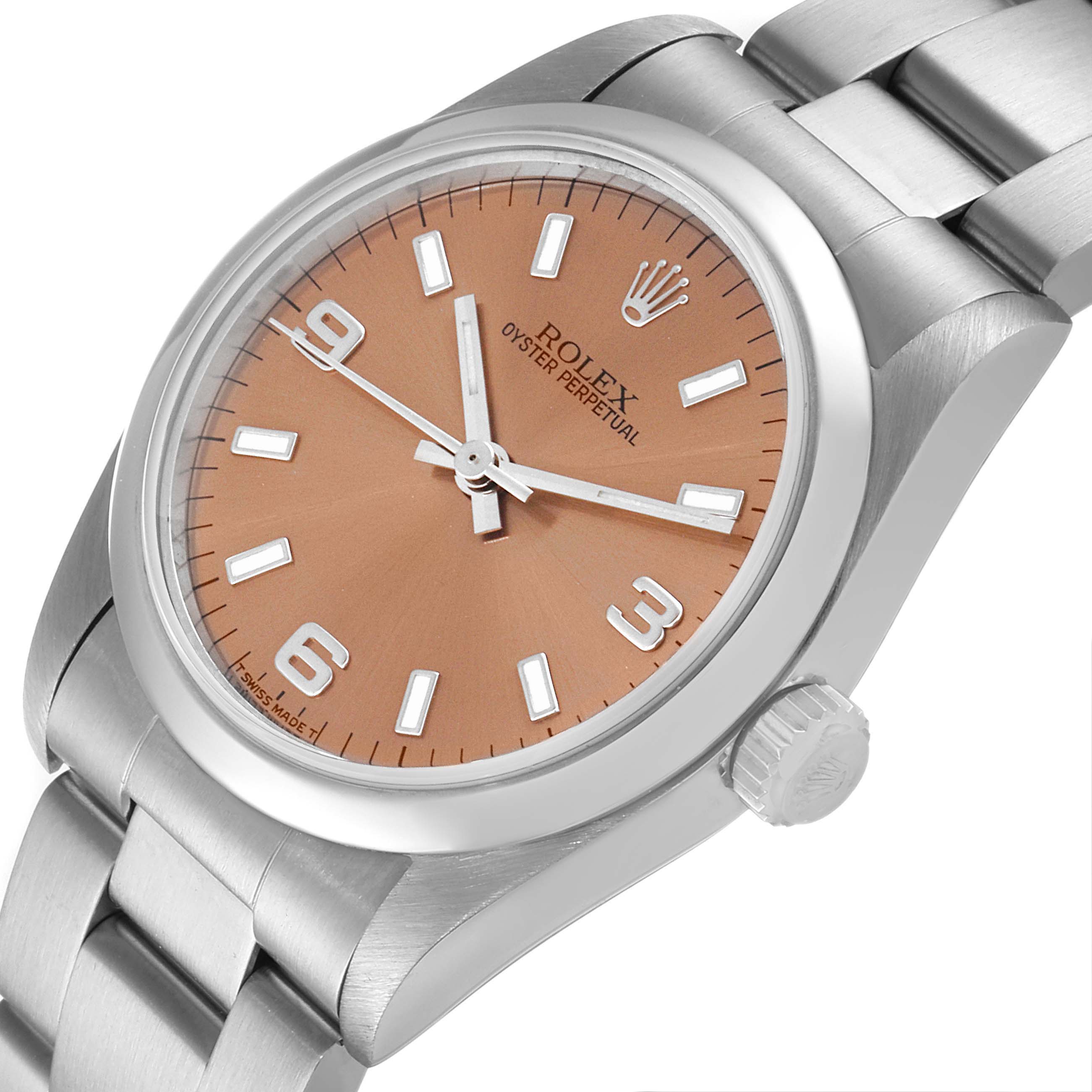 This image shows a Rolex Oyster Perpetual Mid-Size watch at an angled view highlighting its dial, bezel, and part of the bracelet.