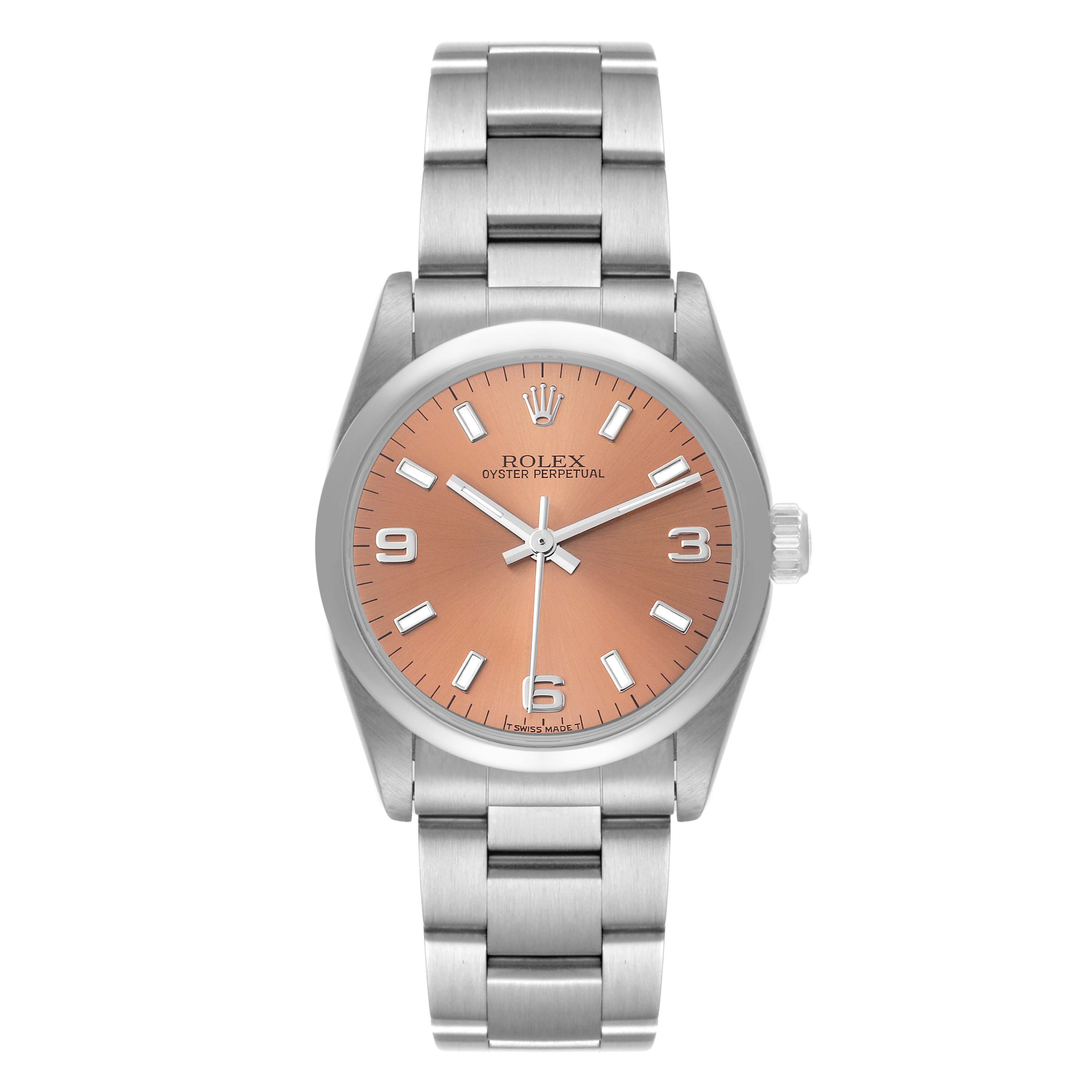 This image shows a front view of a Rolex Mid-Size 67480 Women
s Stainless Steel Pink Dial 67480 Women
s Stainless Steel Pink Dial Oyster Perpetual watch, featuring a salmon dial and stainless steel bracelet.