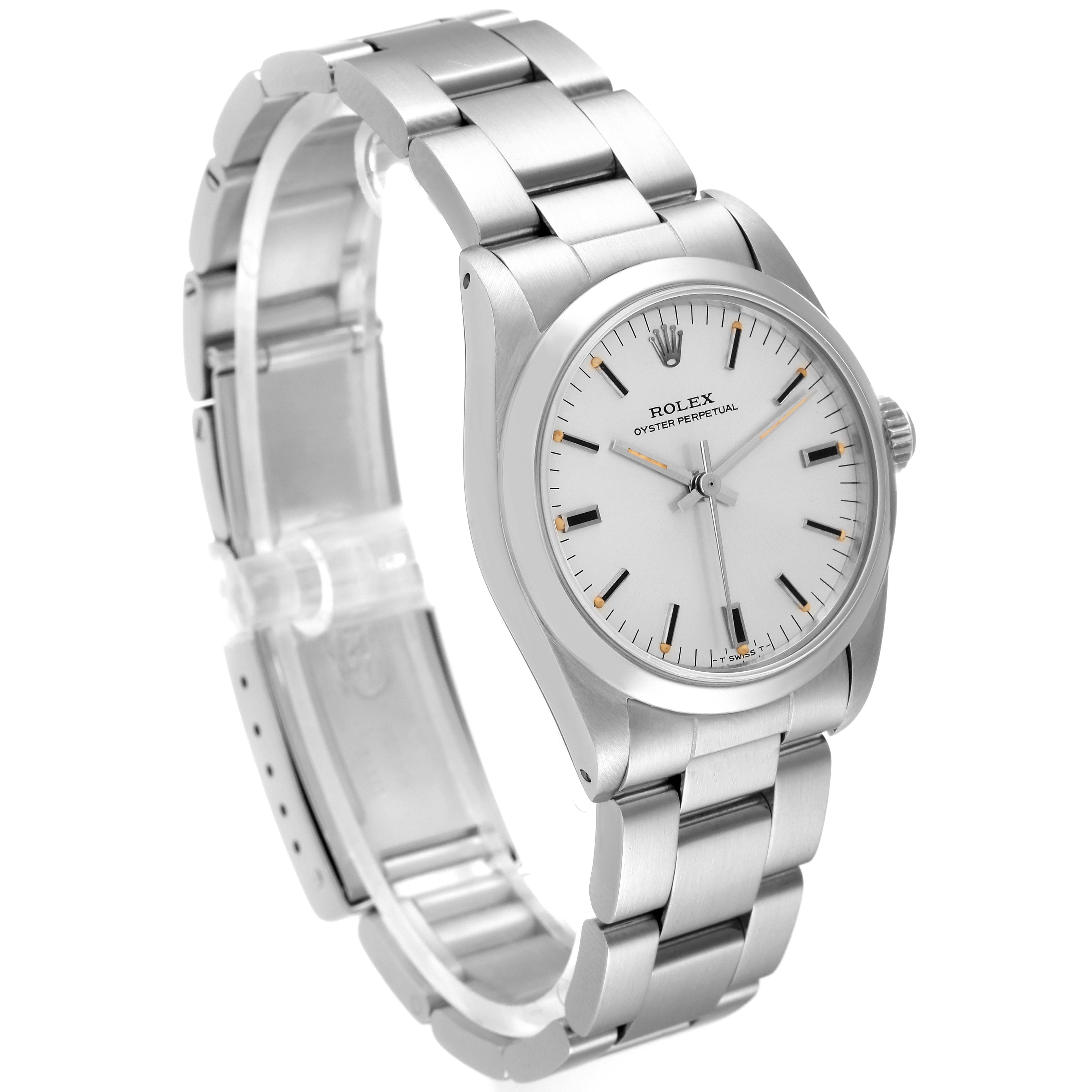 This image shows a side and slightly angled view of the Rolex Mid-Size 67480 Women's Stainless Steel Silver Dial 67480 Women's Stainless Steel Silver Dial Oyster Perpetual watch, highlighting the bracelet and dial.
