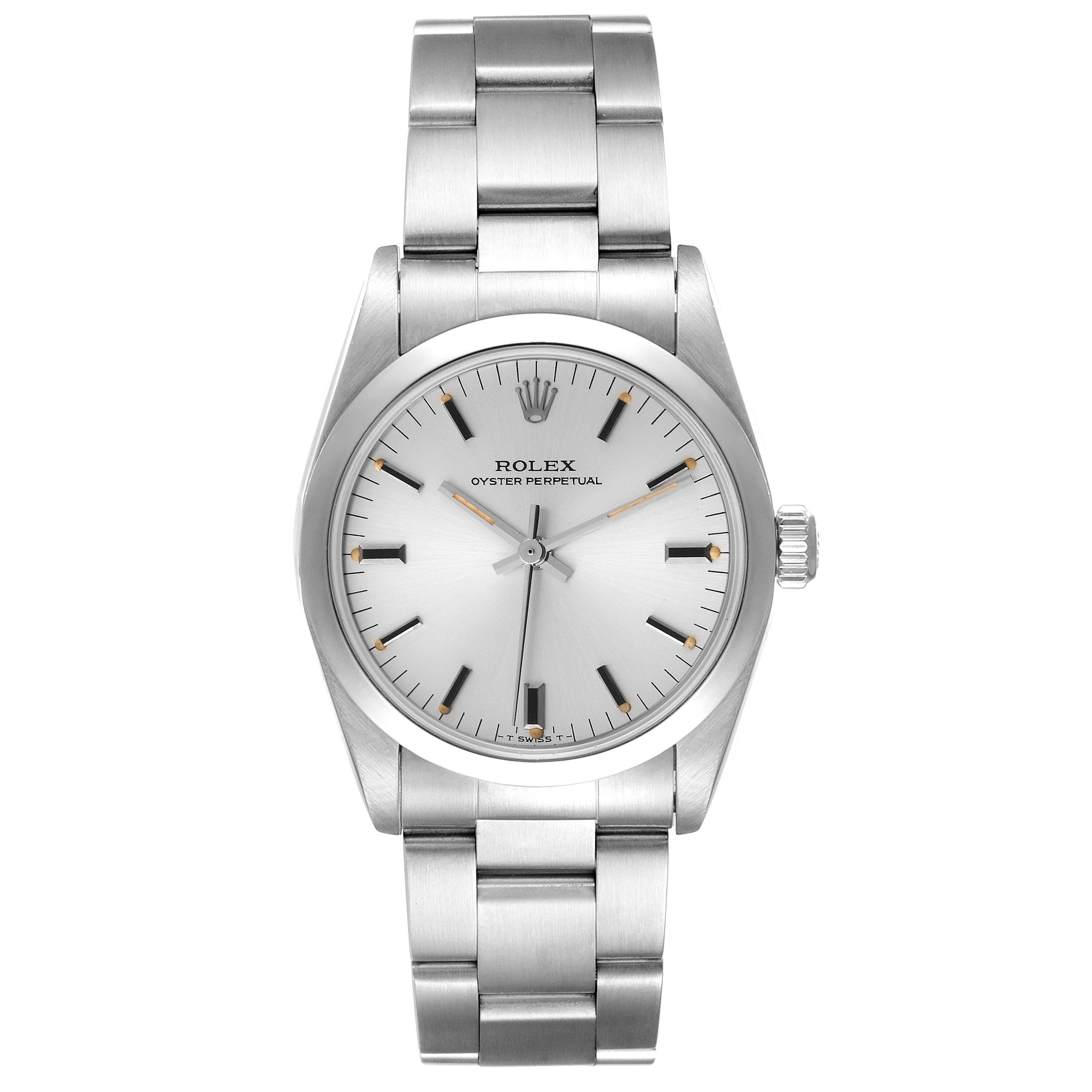 This image shows a Mid-Size Rolex Oyster Perpetual watch from a front angle, including its bracelet and dial.