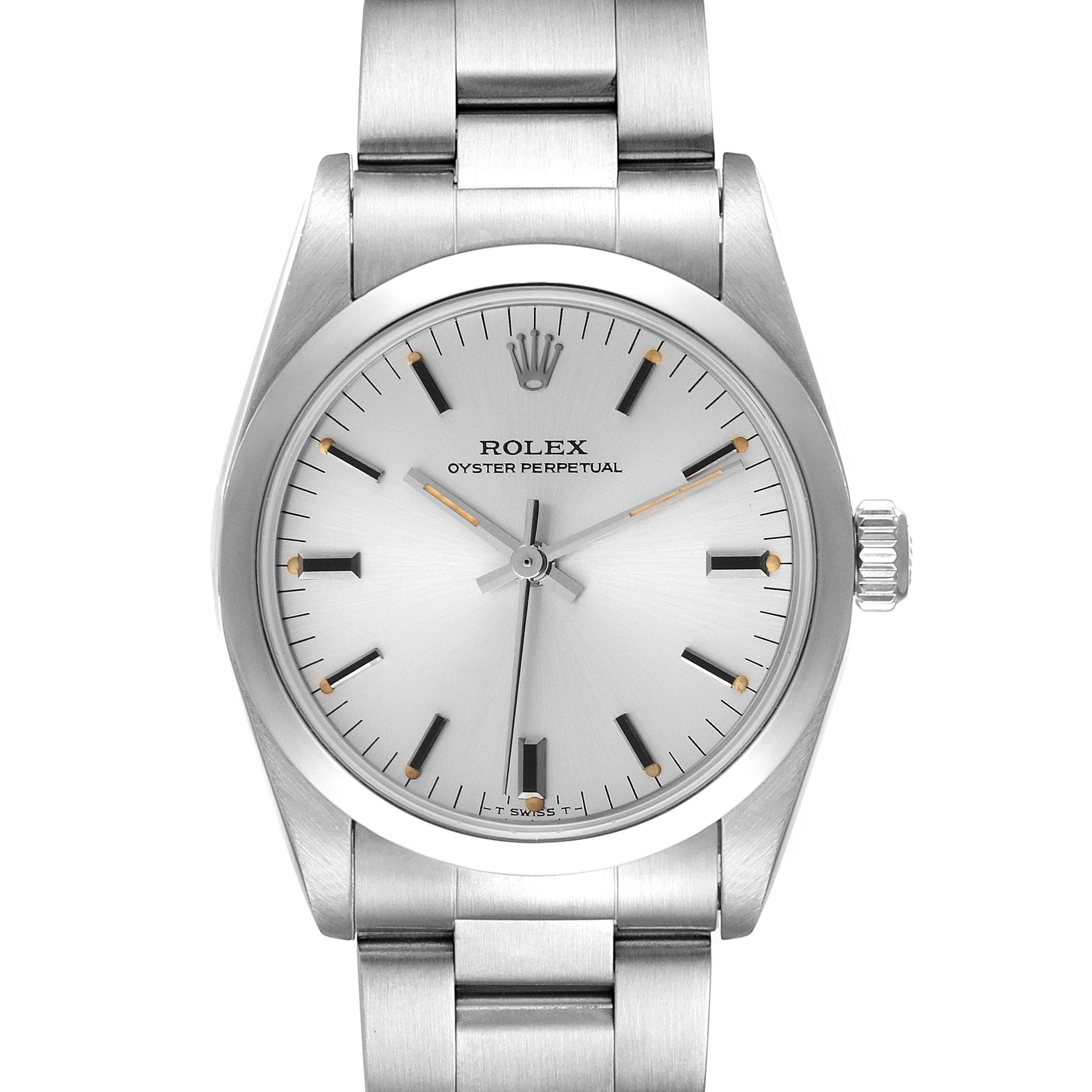 This image shows a front view of the Mid-Size Rolex Oyster Perpetual watch, including the dial, hands, crown, and bracelet.
