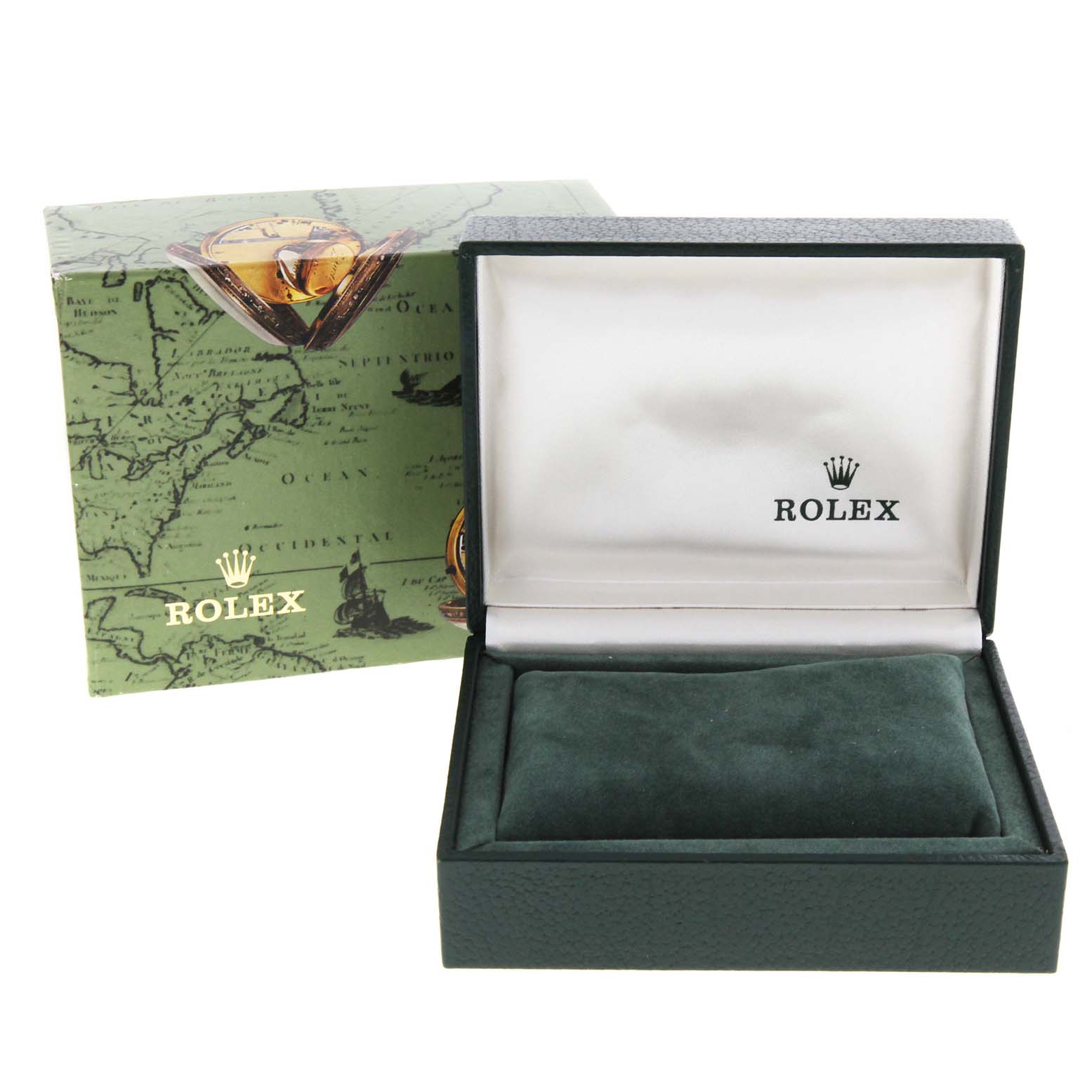 The image shows a green Rolex watch box with its lid open, revealing the cushioned interior, and the outer box with map-themed design.