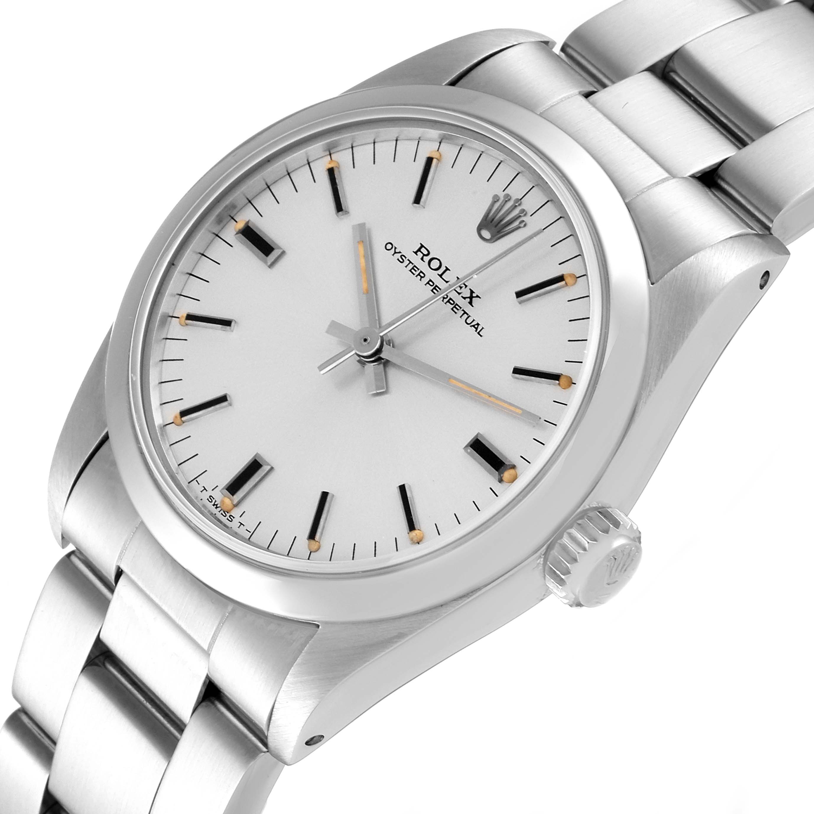 This image shows a close-up, angled view of the watch face and bracelet of a Mid-Size Rolex Oyster Perpetual.