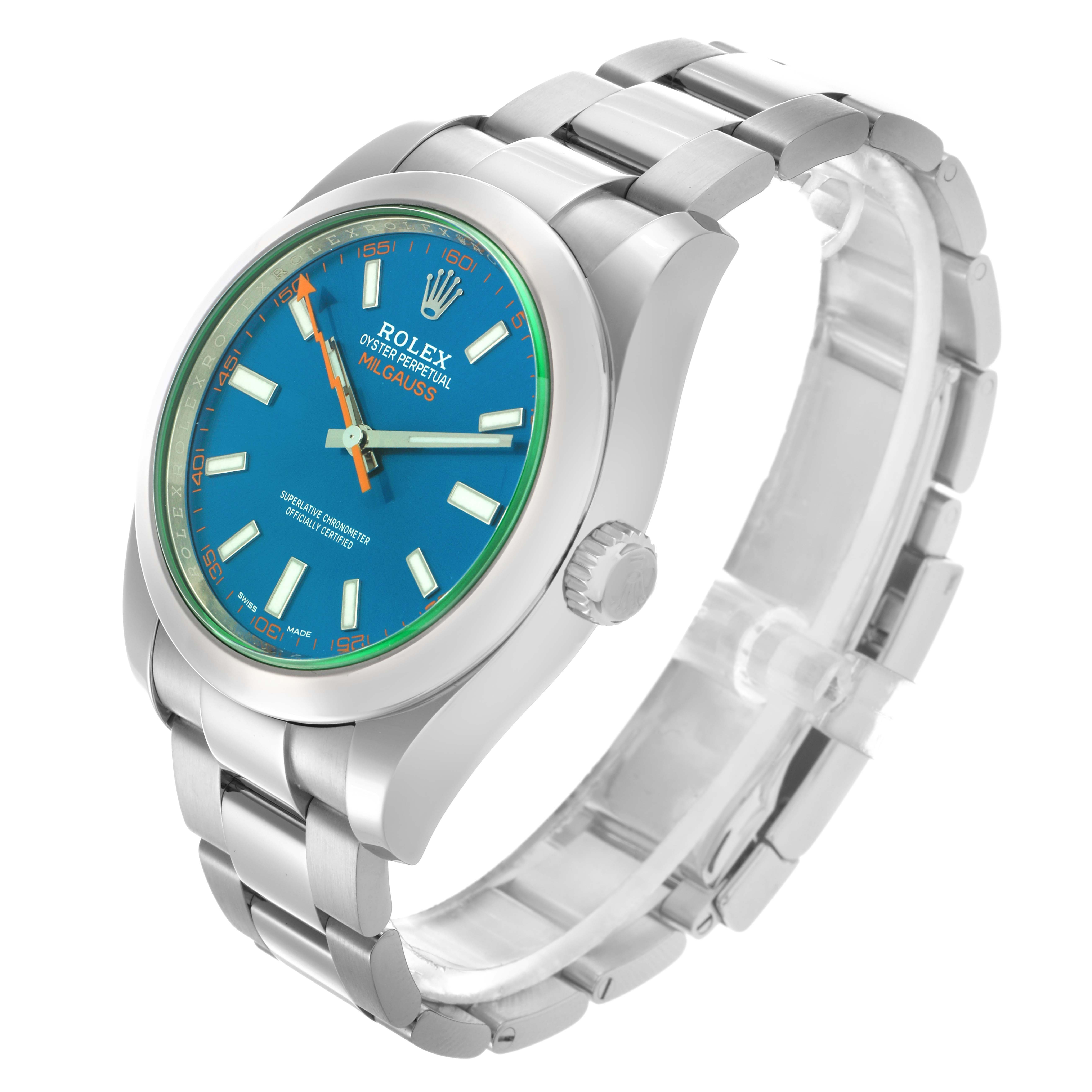 The Rolex Milgauss 116400GV Men
s Stainless Steel Blue Dial 116400GV Men
s Stainless Steel Blue Dial watch is shown at a slight angle, highlighting the face, casing, bracelet, and crown.