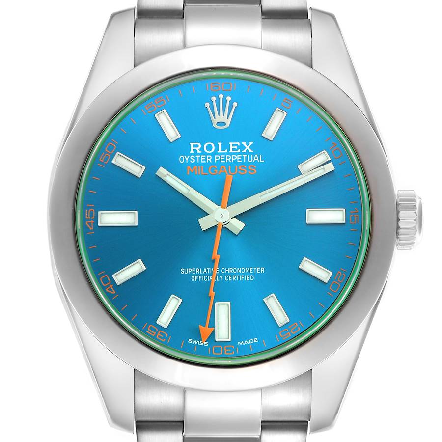 The Rolex Milgauss watch is shown from a front angle, displaying the face, bezel, and part of the bracelet.