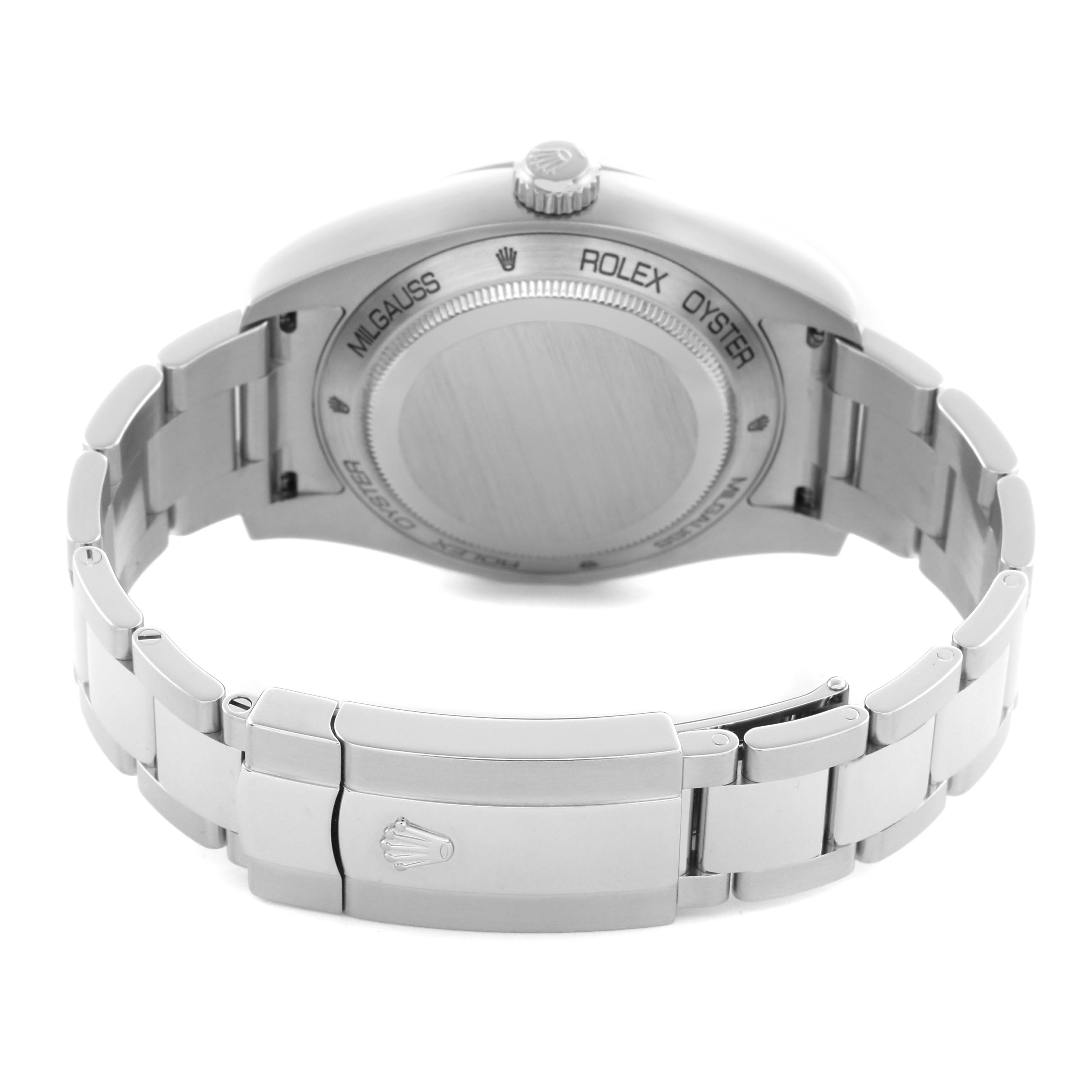 The image shows the back view of the Rolex Milgauss 116400GV Men
s Stainless Steel Blue Dial 116400GV Men
s Stainless Steel Blue Dial watch, highlighting the case back and bracelet with the clasp.