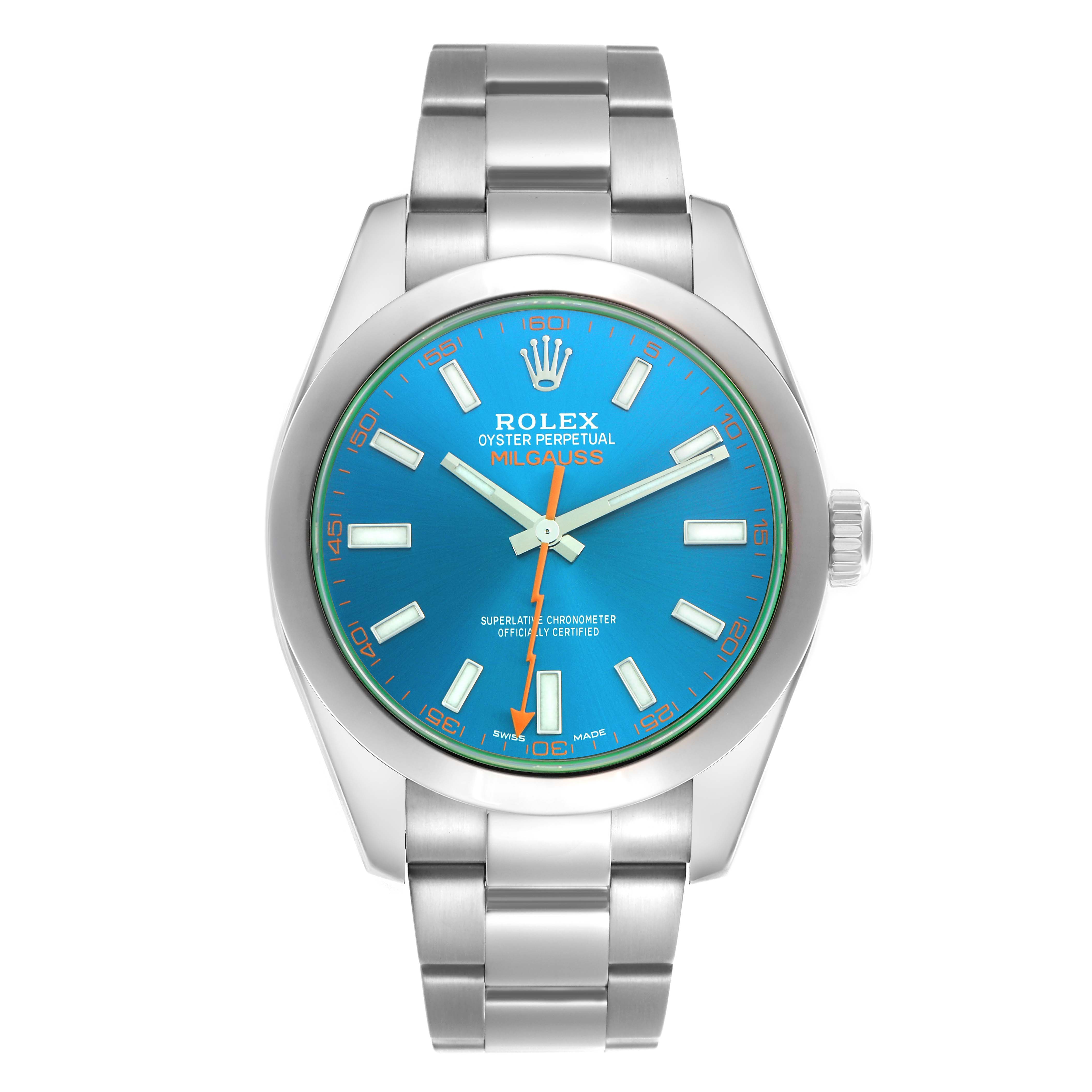 The Rolex Milgauss 116400GV Men
s Stainless Steel Blue Dial 116400GV Men
s Stainless Steel Blue Dial watch is shown from a front view, highlighting the blue dial, stainless steel case, and bracelet.