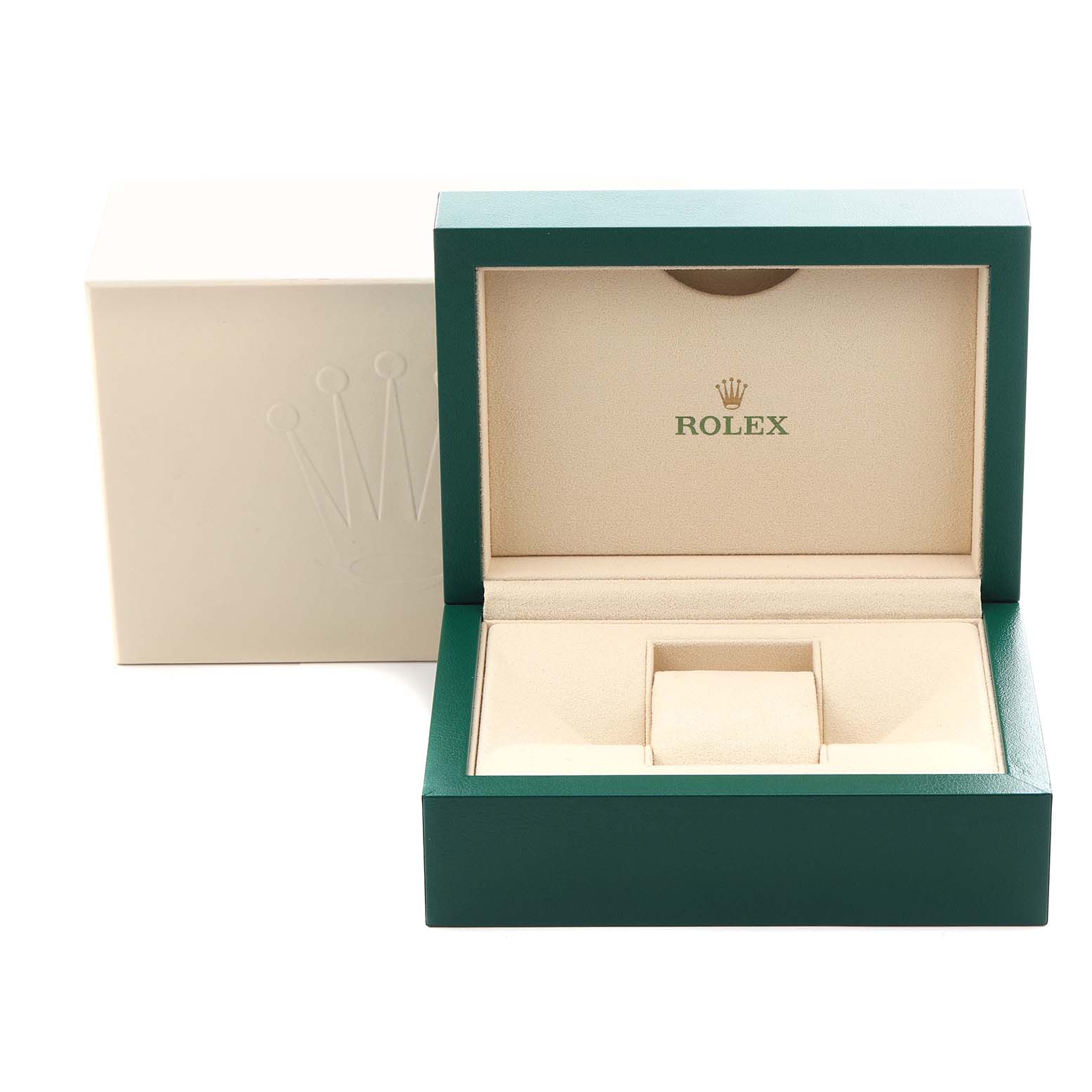 The image shows a Rolex Milgauss 116400GV Men
s Stainless Steel Blue Dial 116400GV Men
s Stainless Steel Blue Dial watch box with a beige interior and green exterior, lid open, viewed from the front.