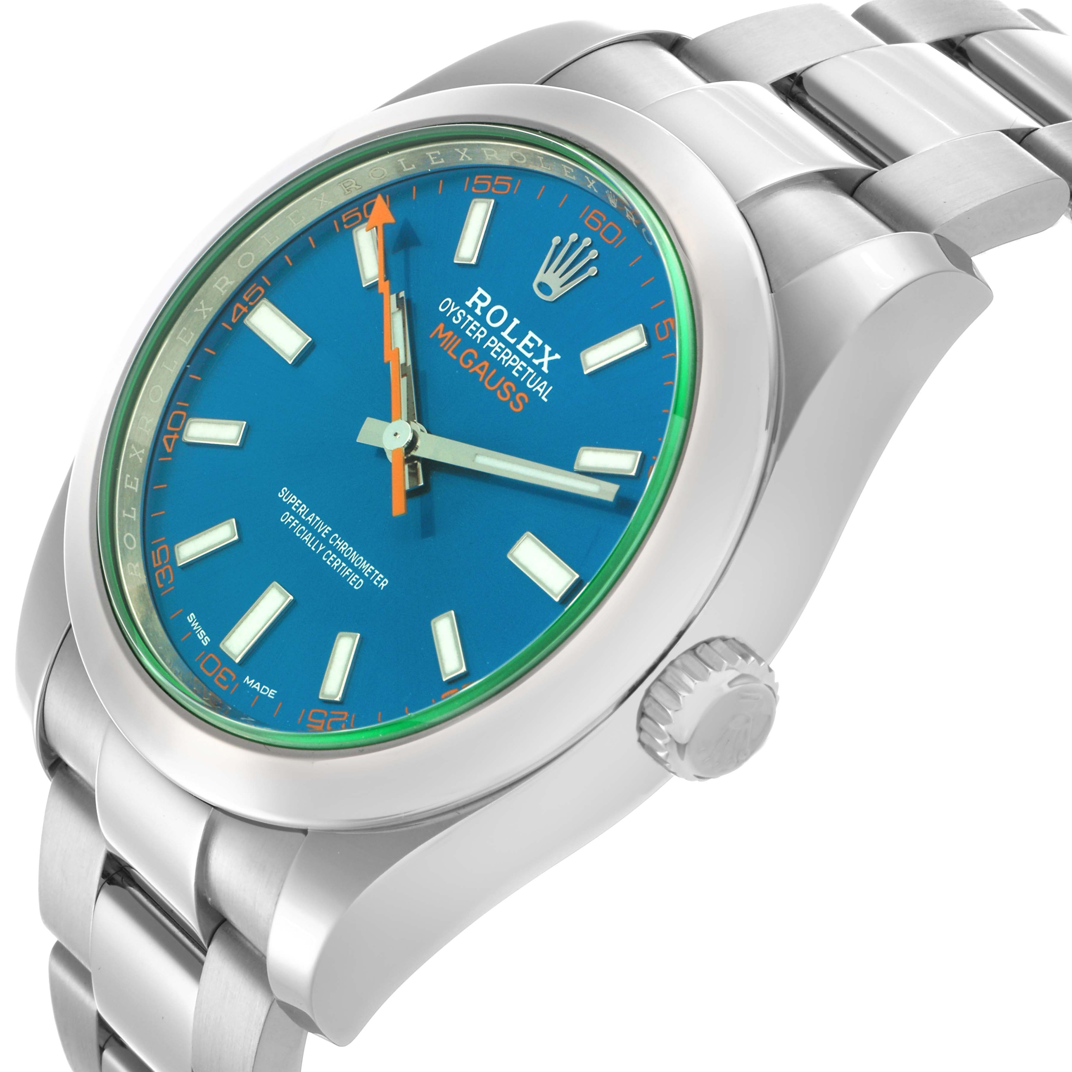 The Rolex Milgauss 116400GV Men
s Stainless Steel Blue Dial 116400GV Men
s Stainless Steel Blue Dial watch is shown at a slight angle highlighting the face, crown, and a portion of the bracelet.