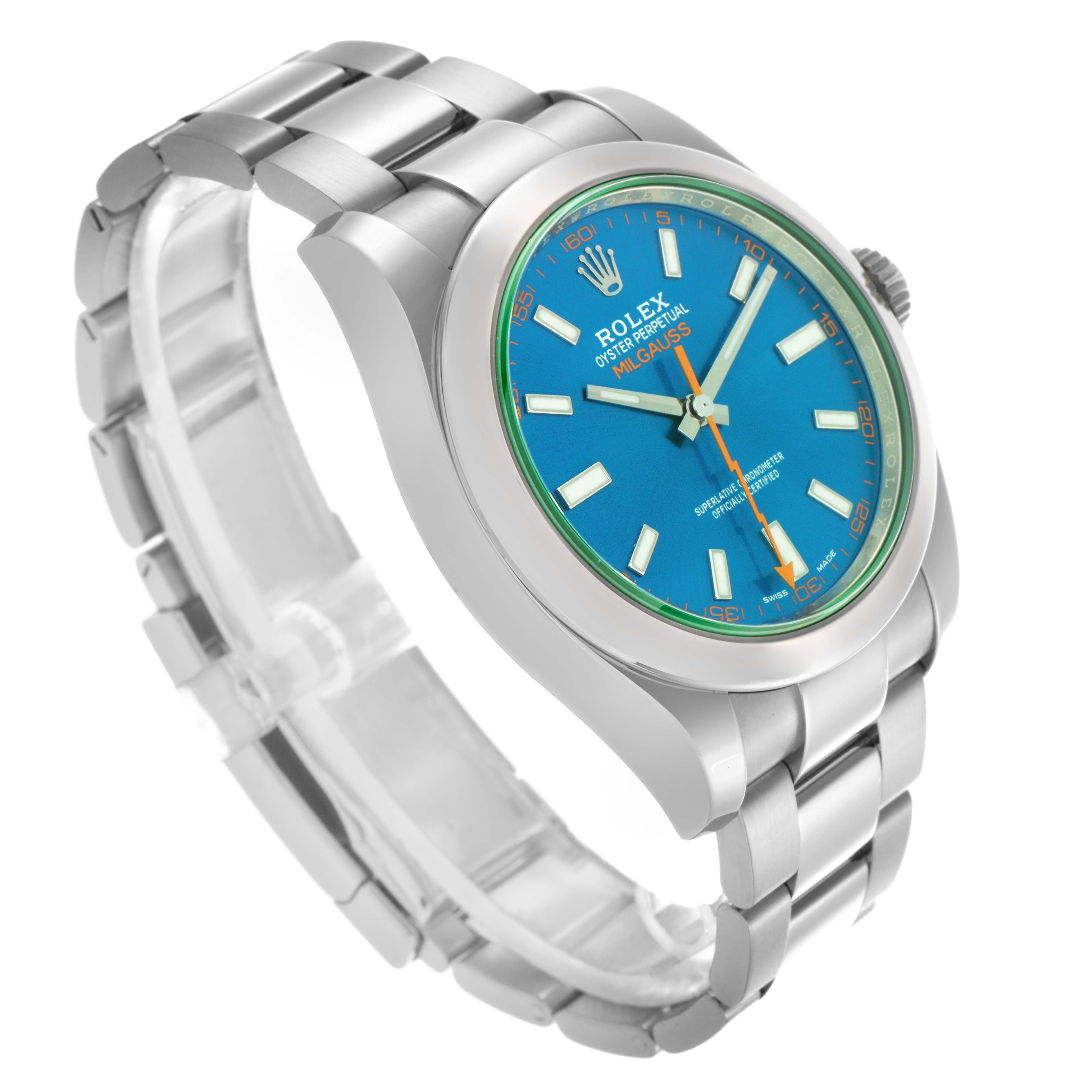 The Rolex Milgauss 116400GV Men
s Stainless Steel Blue Dial 116400GV Men
s Stainless Steel Blue Dial watch is shown from a three-quarter angle, displaying the face, bezel, and part of the bracelet.