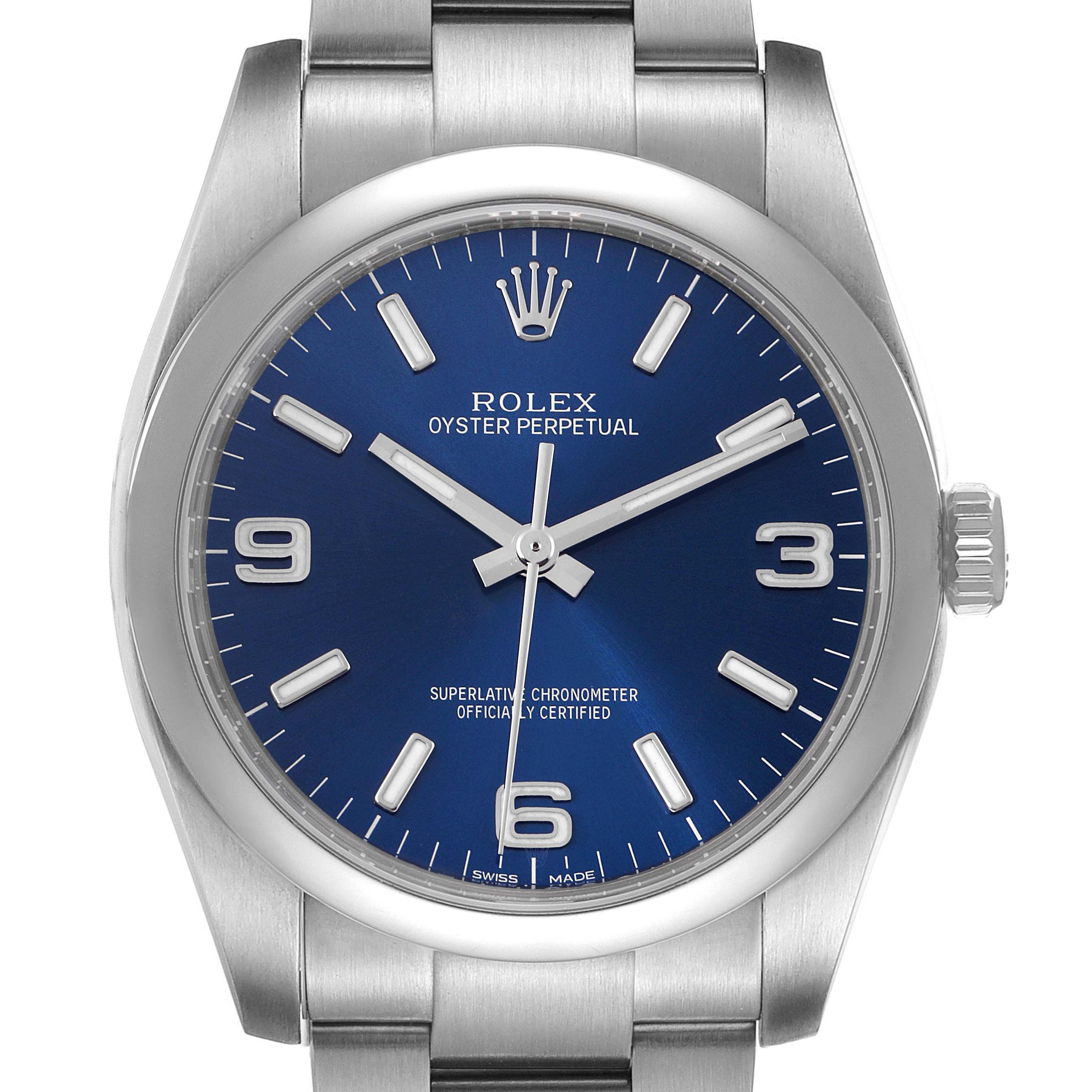 This is a front view of a Rolex Oyster Perpetual 116000 Men's Stainless Steel Blue Dial 116000 Men's Stainless Steel Blue Dial watch, showing the dial, crown, and part of the bracelet.