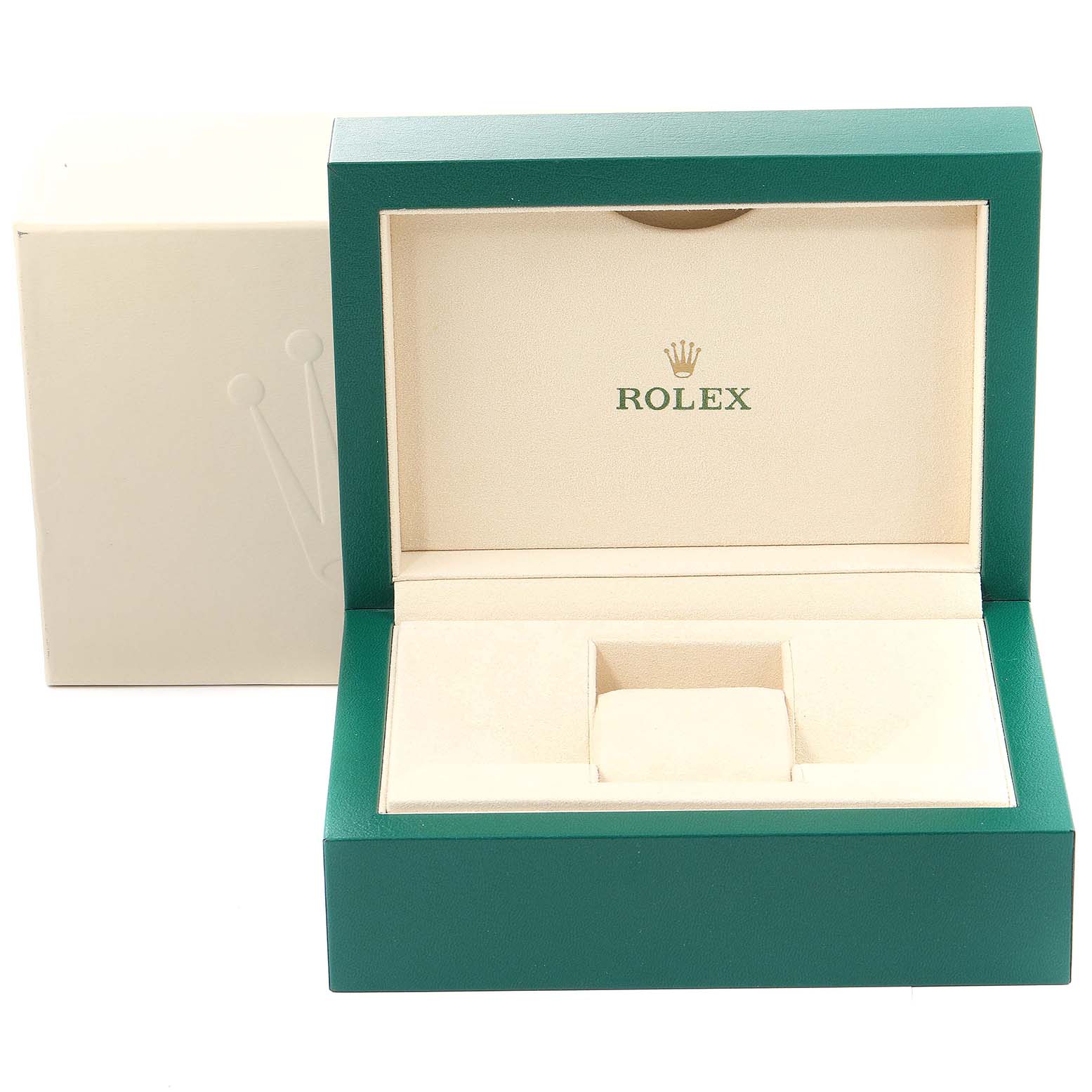 The image shows an open Rolex Oyster Perpetual 116000 Men's Stainless Steel Blue Dial 116000 Men's Stainless Steel Blue Dial watch box with green exterior and beige interior.