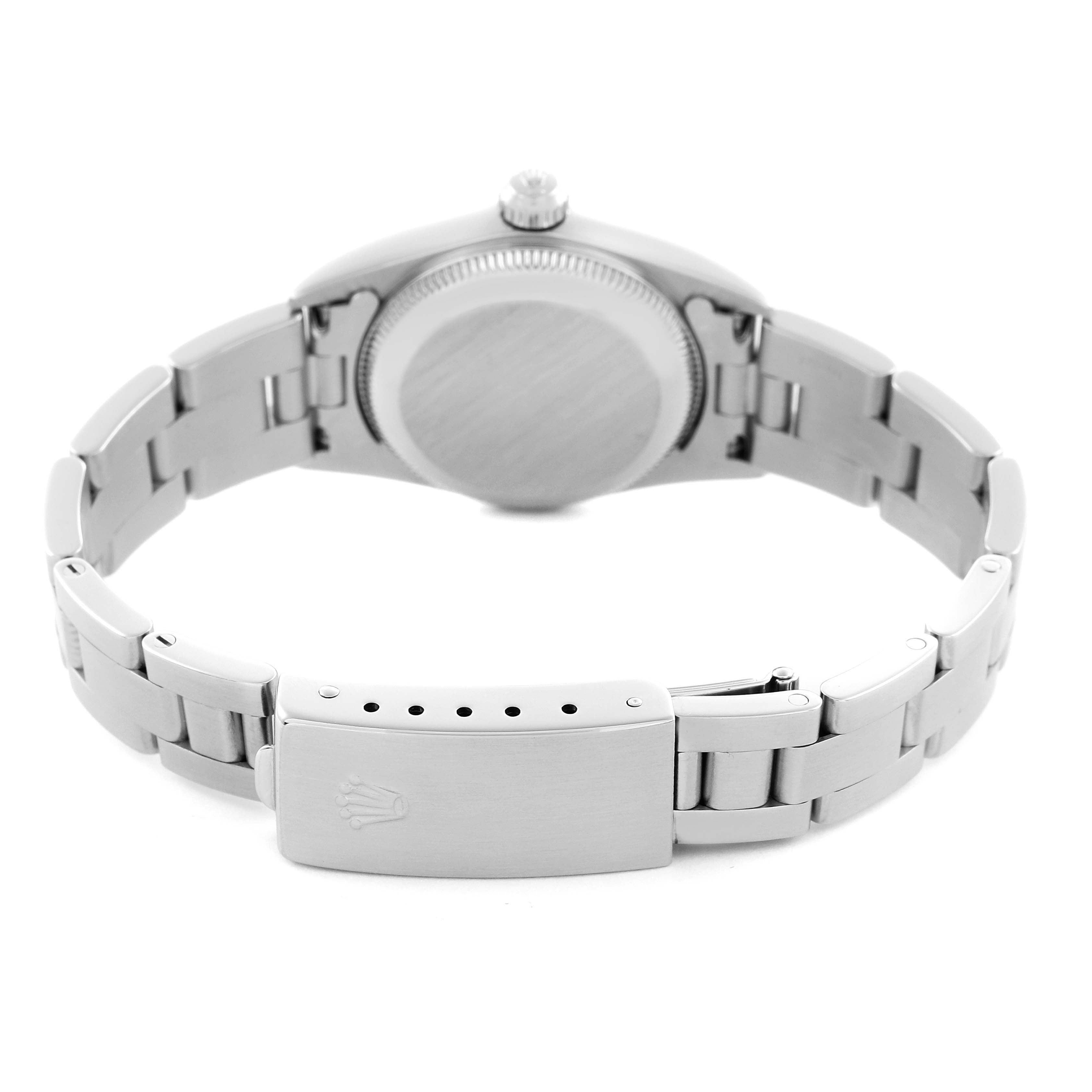 The image shows the back view of a Rolex Oyster Perpetual 76080 Women
s Stainless Steel Black Dial 76080 Women
s Stainless Steel Black Dial with its case back, bracelet, and clasp visible.