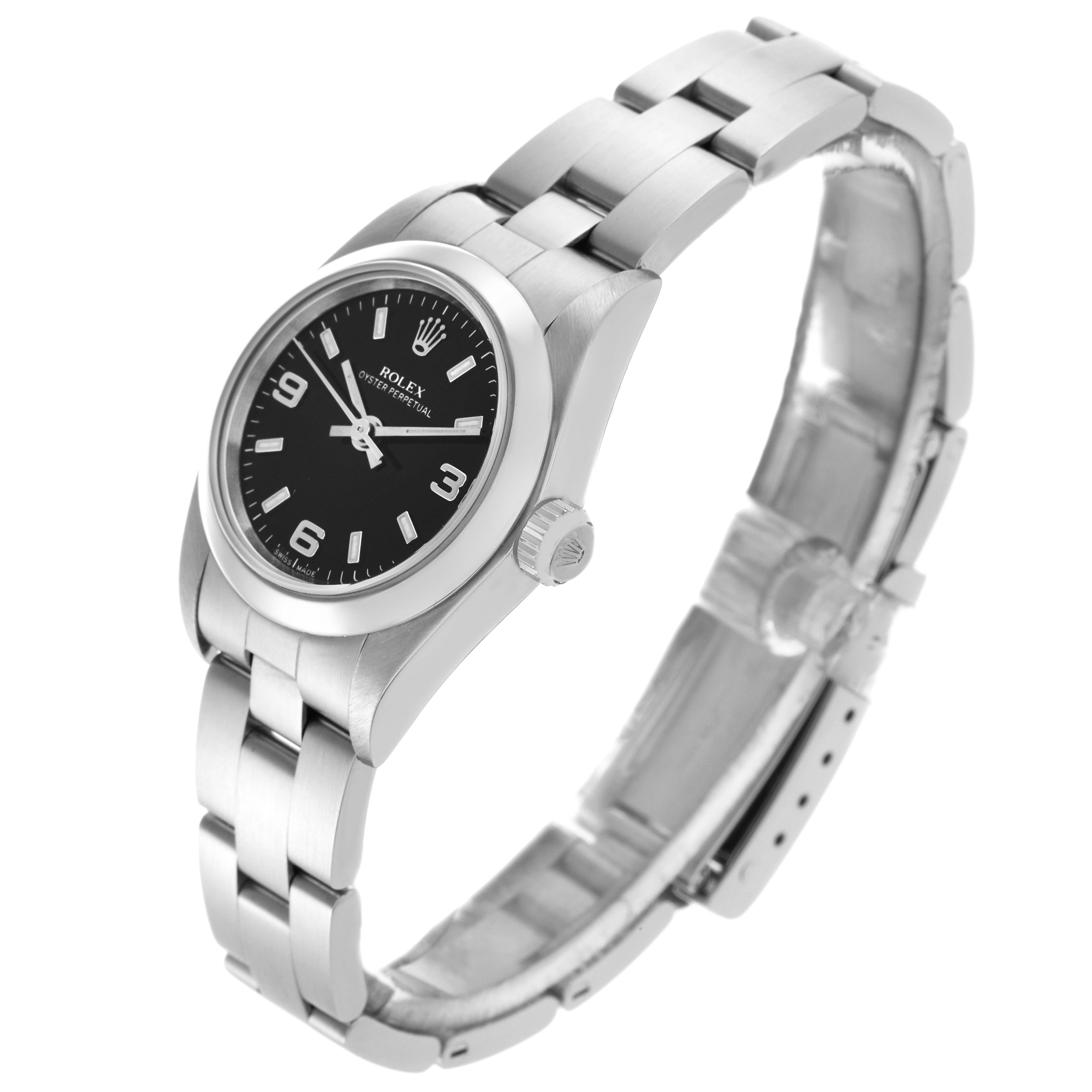 The Rolex Oyster Perpetual 76080 Women
s Stainless Steel Black Dial 76080 Women
s Stainless Steel Black Dial watch is shown at a slight side angle, displaying the black dial, bezel, crown, and bracelet links.