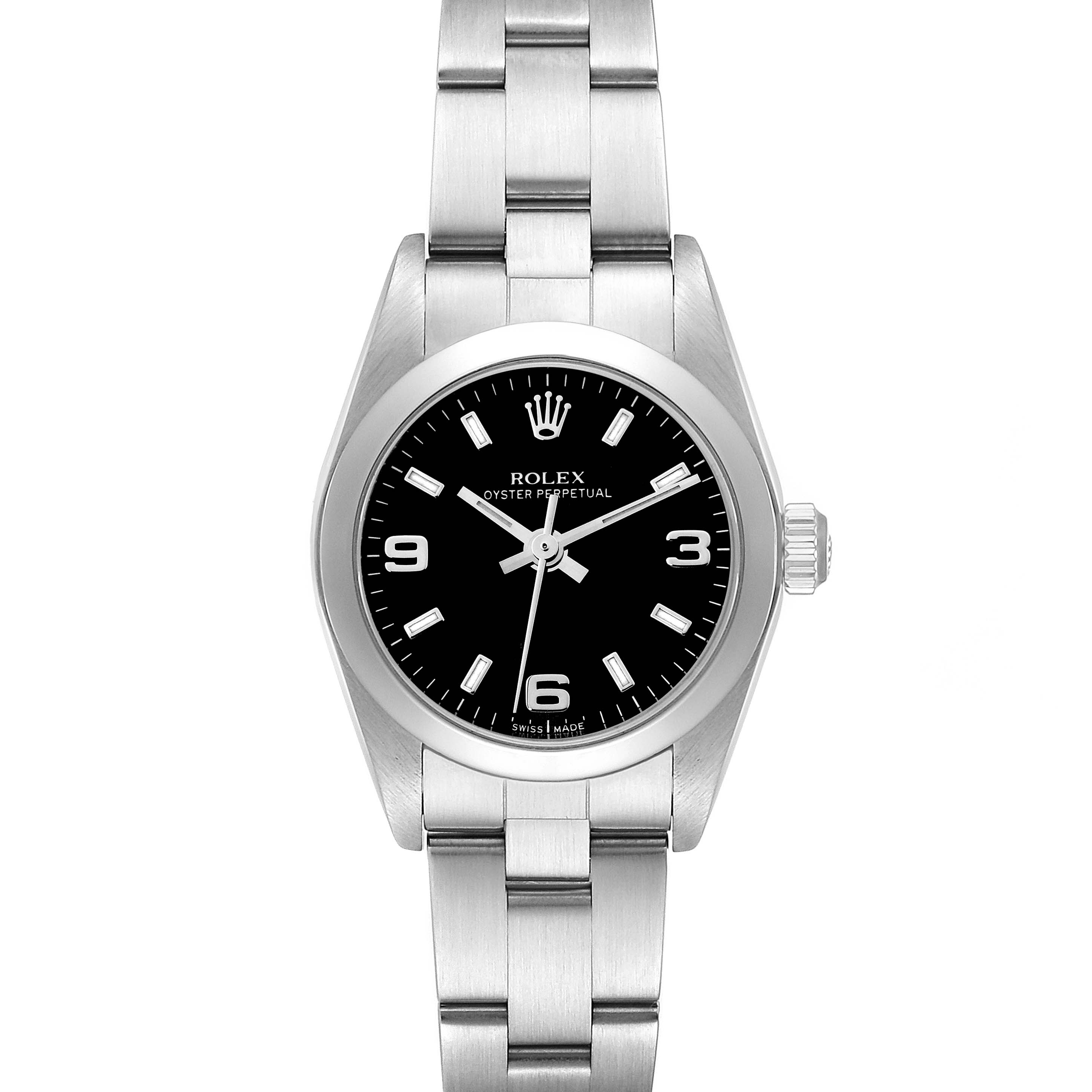 The Rolex Oyster Perpetual 76080 Women
s Stainless Steel Black Dial 76080 Women
s Stainless Steel Black Dial watch is shown from a front angle, displaying the dial, bezel, and bracelet clearly.