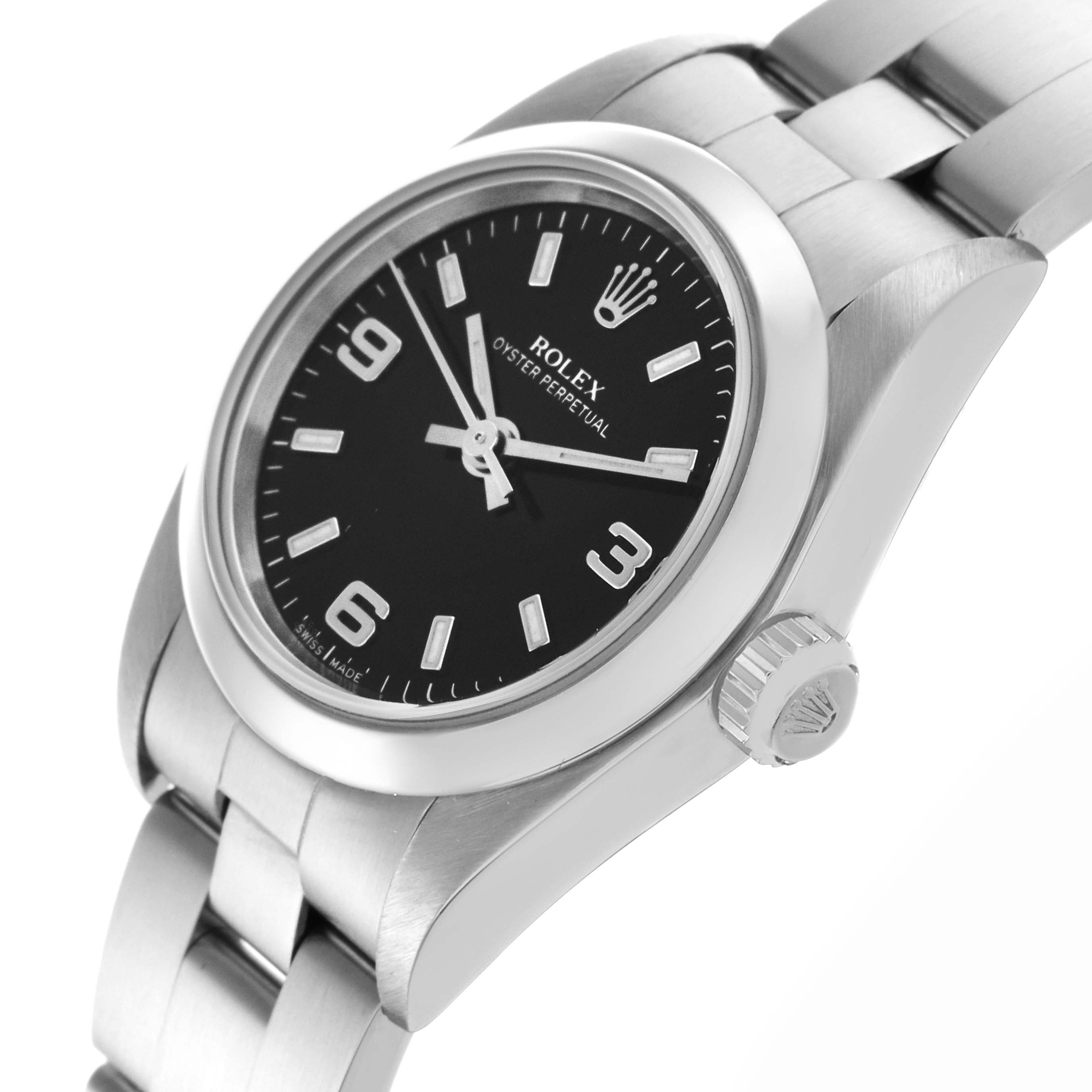 The Rolex Oyster Perpetual 76080 Women
s Stainless Steel Black Dial 76080 Women
s Stainless Steel Black Dial watch is shown at a slight angle, highlighting the dial, crown, and part of the bracelet.