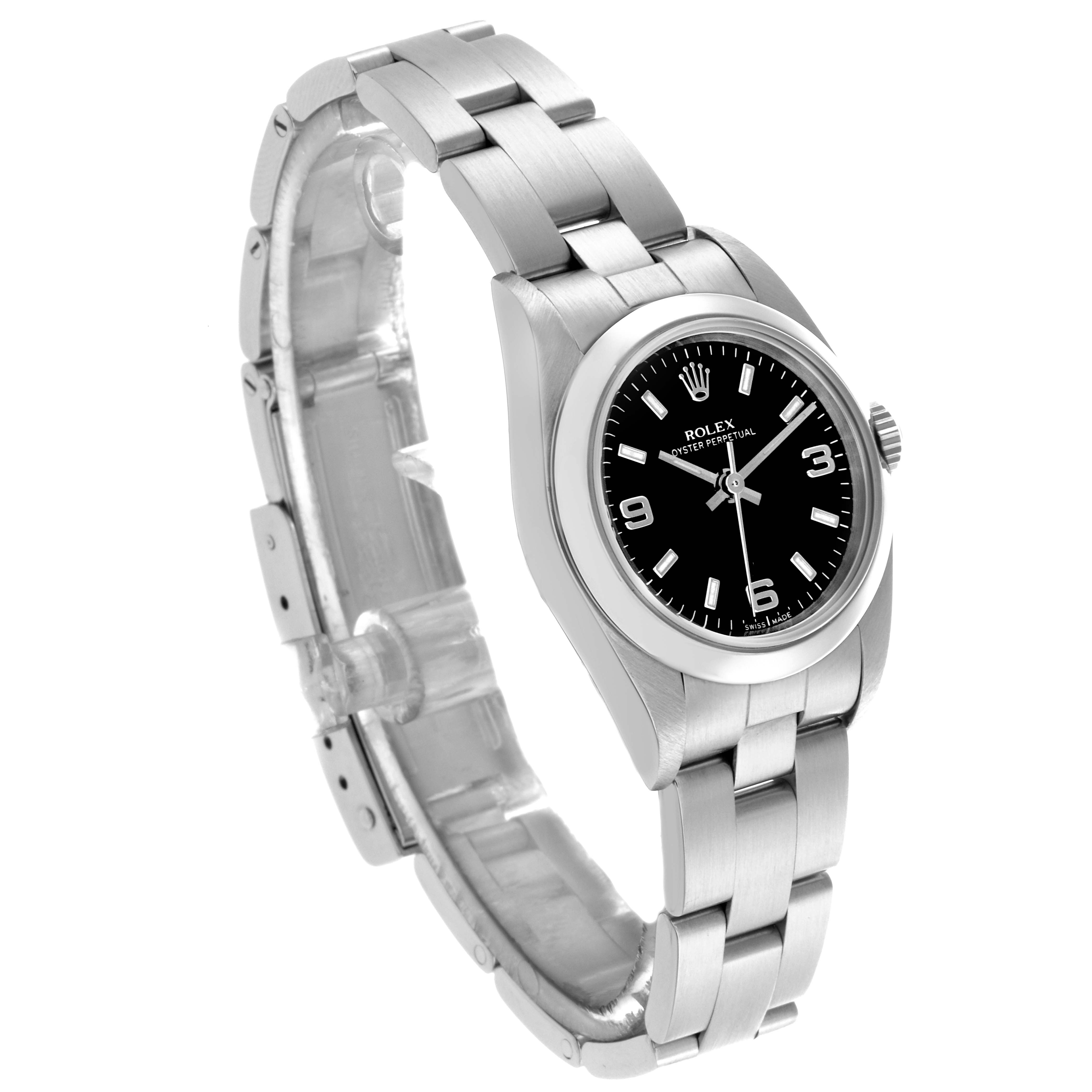 The Rolex Oyster Perpetual 76080 Women
s Stainless Steel Black Dial 76080 Women
s Stainless Steel Black Dial watch is shown at a slight angle, highlighting the face, bezel, and bracelet.