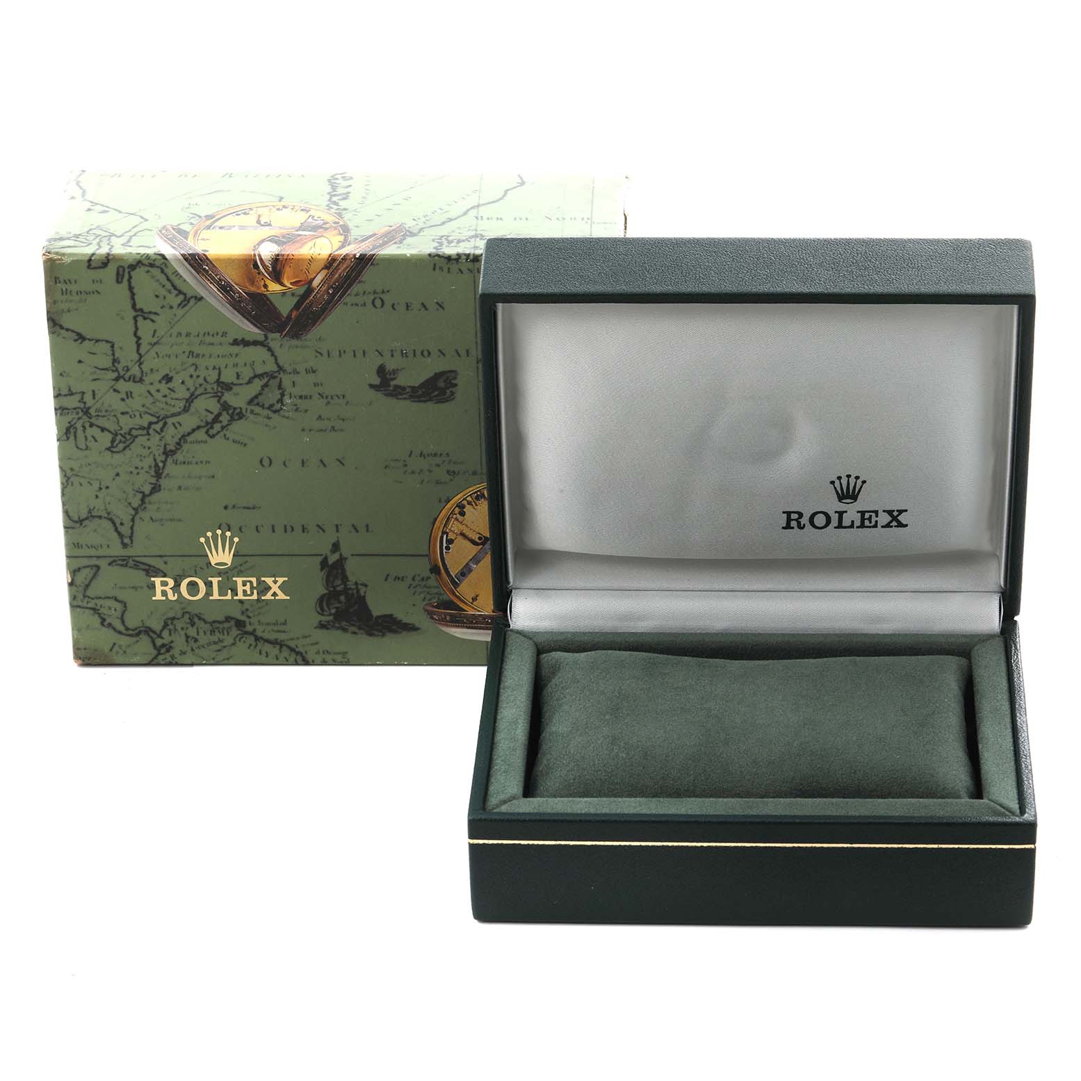 The image shows a Rolex Oyster Perpetual 76080 Women
s Stainless Steel Black Dial 76080 Women
s Stainless Steel Black Dial watch box and outer packaging, without the watch.