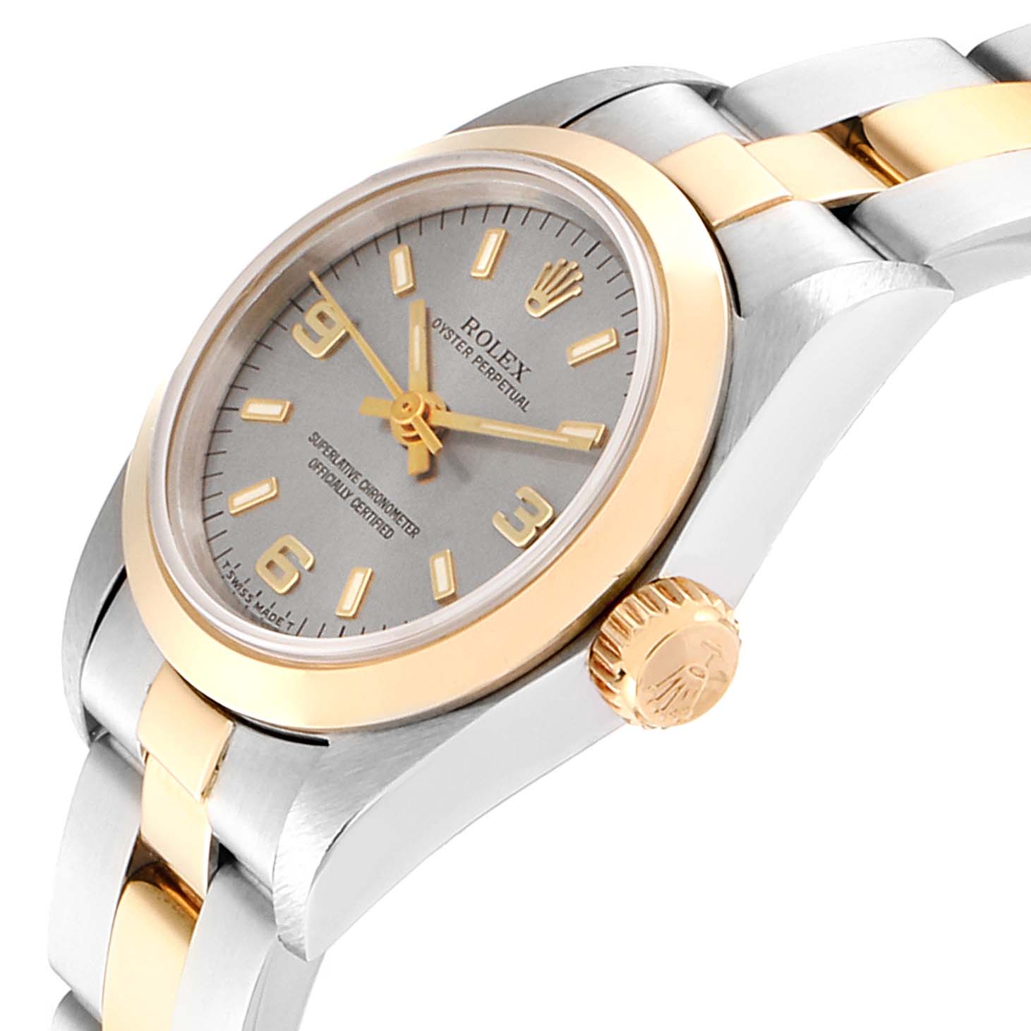 The image shows a close-up angle of a Rolex Oyster Perpetual 67183 Women's Steel and Gold (two tone) Grey Dial 67183 Women's Steel and Gold (two tone) Grey Dial watch, highlighting the dial, bezel, crown, and part of the bracelet.