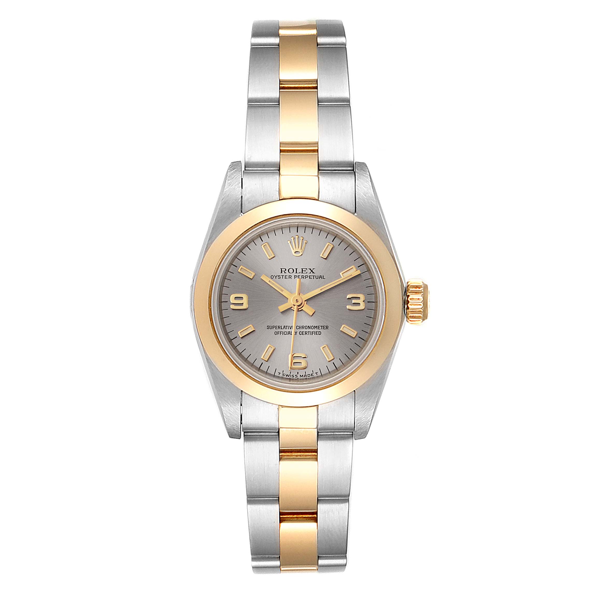 The Rolex Oyster Perpetual 67183 Women's Steel and Gold (two tone) Grey Dial 67183 Women's Steel and Gold (two tone) Grey Dial watch is shown from a front angle, highlighting its dial, bezel, and bracelet.