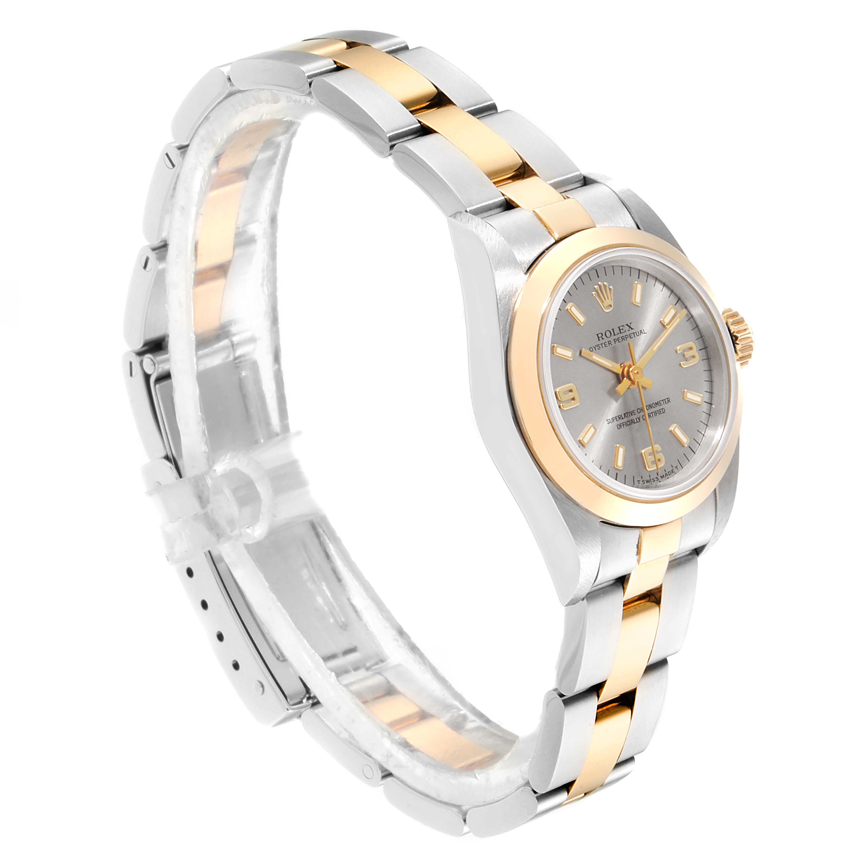 The image shows a side angle of a Rolex Oyster Perpetual 67183 Women's Steel and Gold (two tone) Grey Dial 67183 Women's Steel and Gold (two tone) Grey Dial watch, displaying the bracelet, dial, and crown.