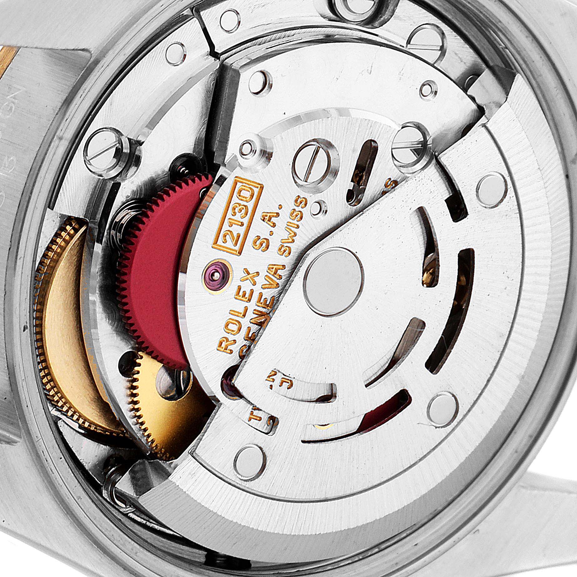 This image shows a close-up of the movement mechanism inside a Rolex Oyster Perpetual 67183 Women's Steel and Gold (two tone) Grey Dial 67183 Women's Steel and Gold (two tone) Grey Dial watch, highlighting key components.