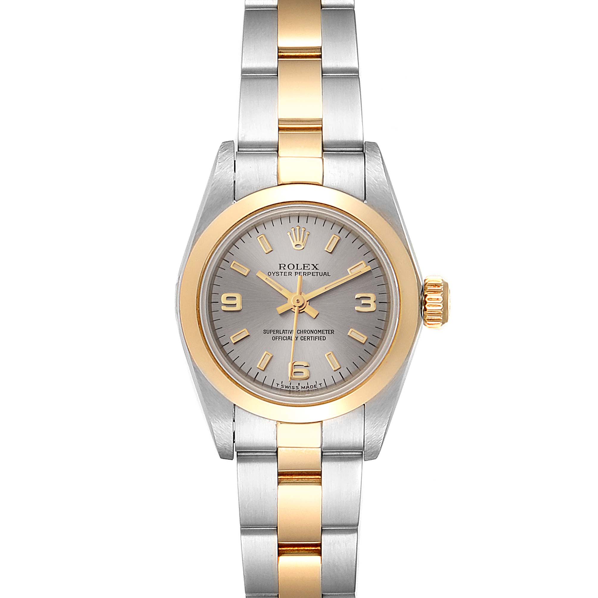 This image shows a front view of the Rolex Oyster Perpetual 67183 Women's Steel and Gold (two tone) Grey Dial 67183 Women's Steel and Gold (two tone) Grey Dial watch, focusing on the dial, bezel, bracelet, and crown.