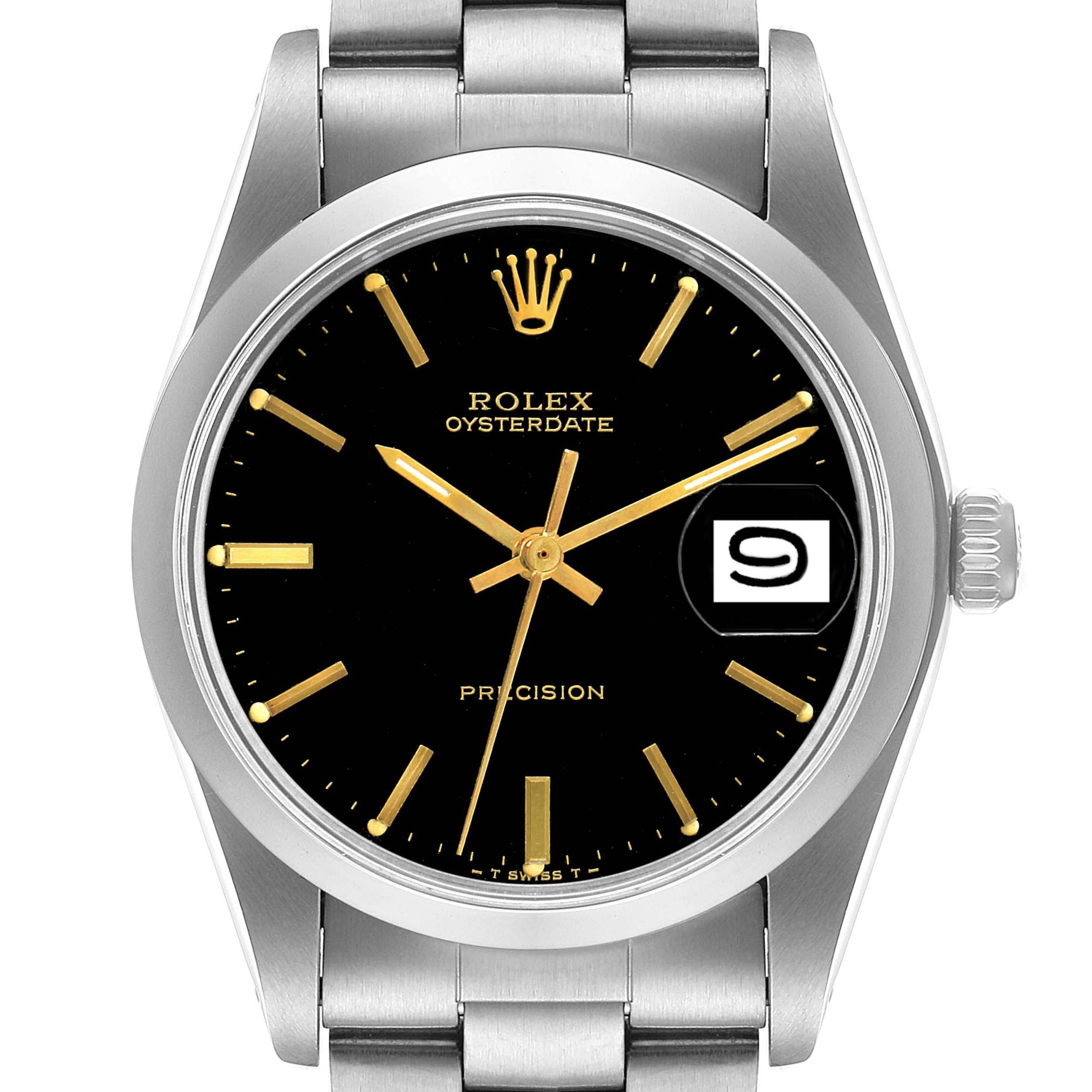 This image shows a front view of a Rolex Oysterdate Precision watch, highlighting the dial, date window, and part of the bracelet.