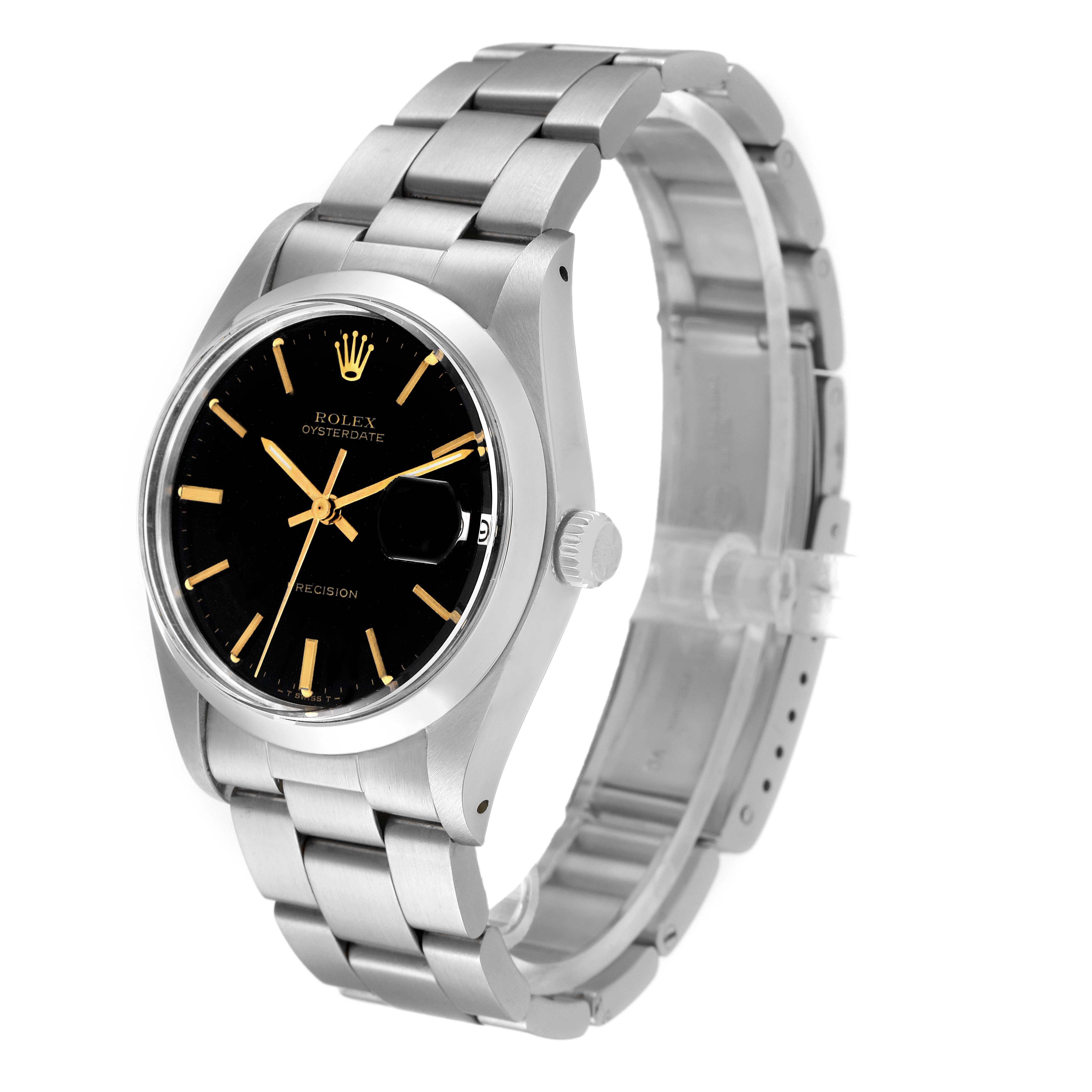 This image shows a Rolex Date 6694 Men's Stainless Steel Black Dial 6694 Men's Stainless Steel Black Dial model watch, including the face, bezel, crown, and part of the bracelet, tilted at a three-quarter angle.