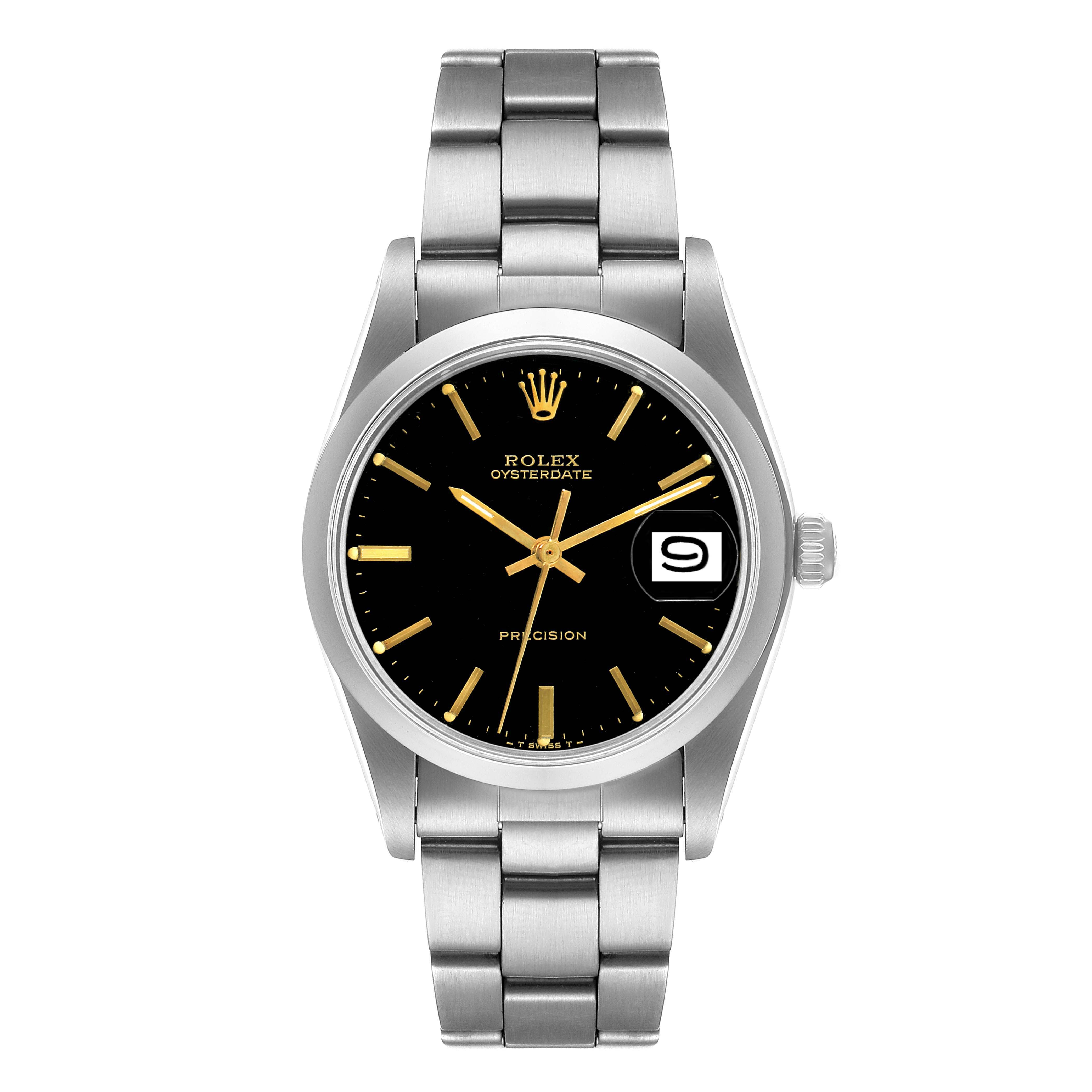 This image shows a front view of a Rolex Oysterdate Precision watch, highlighting its black dial, date window, and stainless steel bracelet.