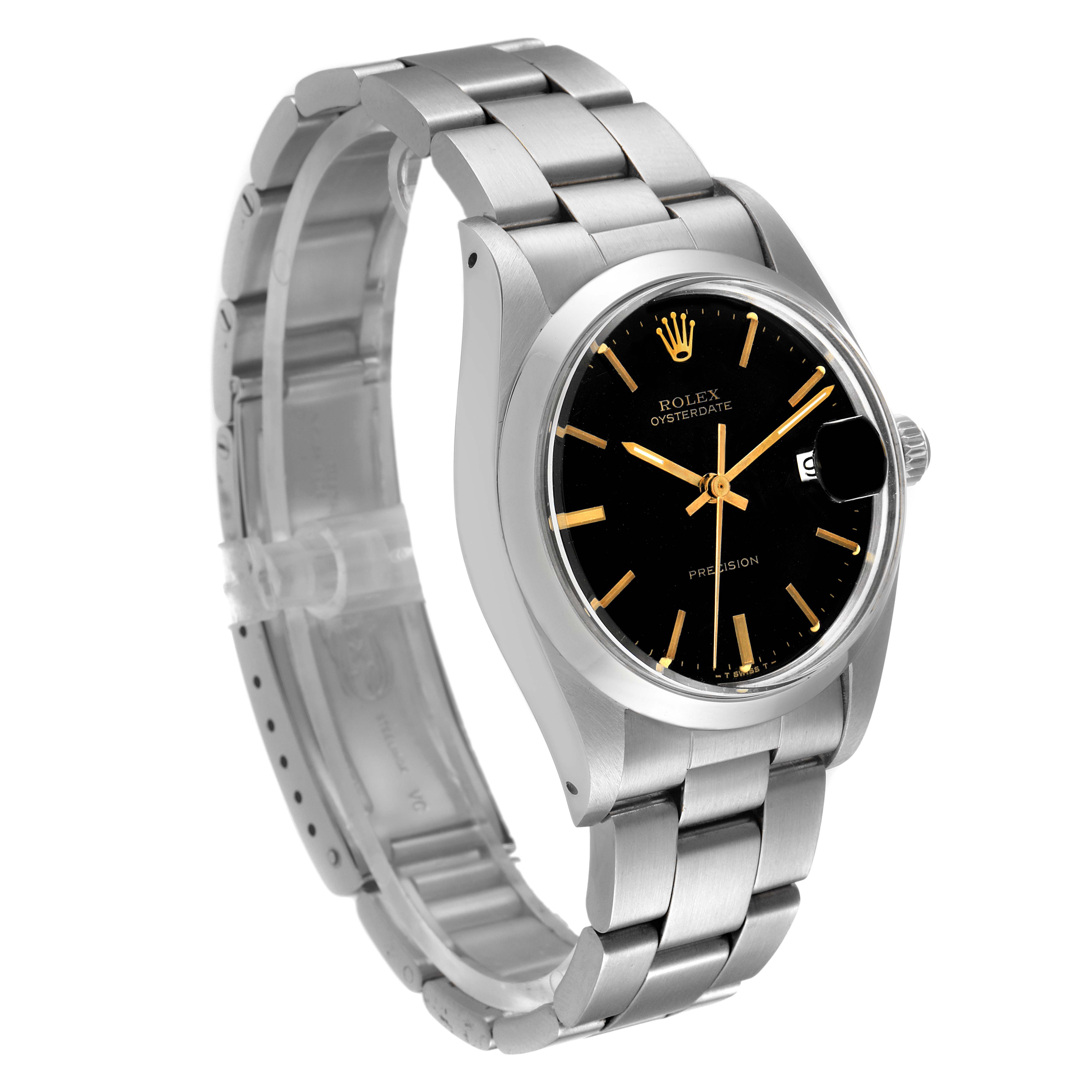 The Rolex Date 6694 Men's Stainless Steel Black Dial 6694 Men's Stainless Steel Black Dial model watch is shown at a slight angle, featuring the face, bezel, case, and bracelet.