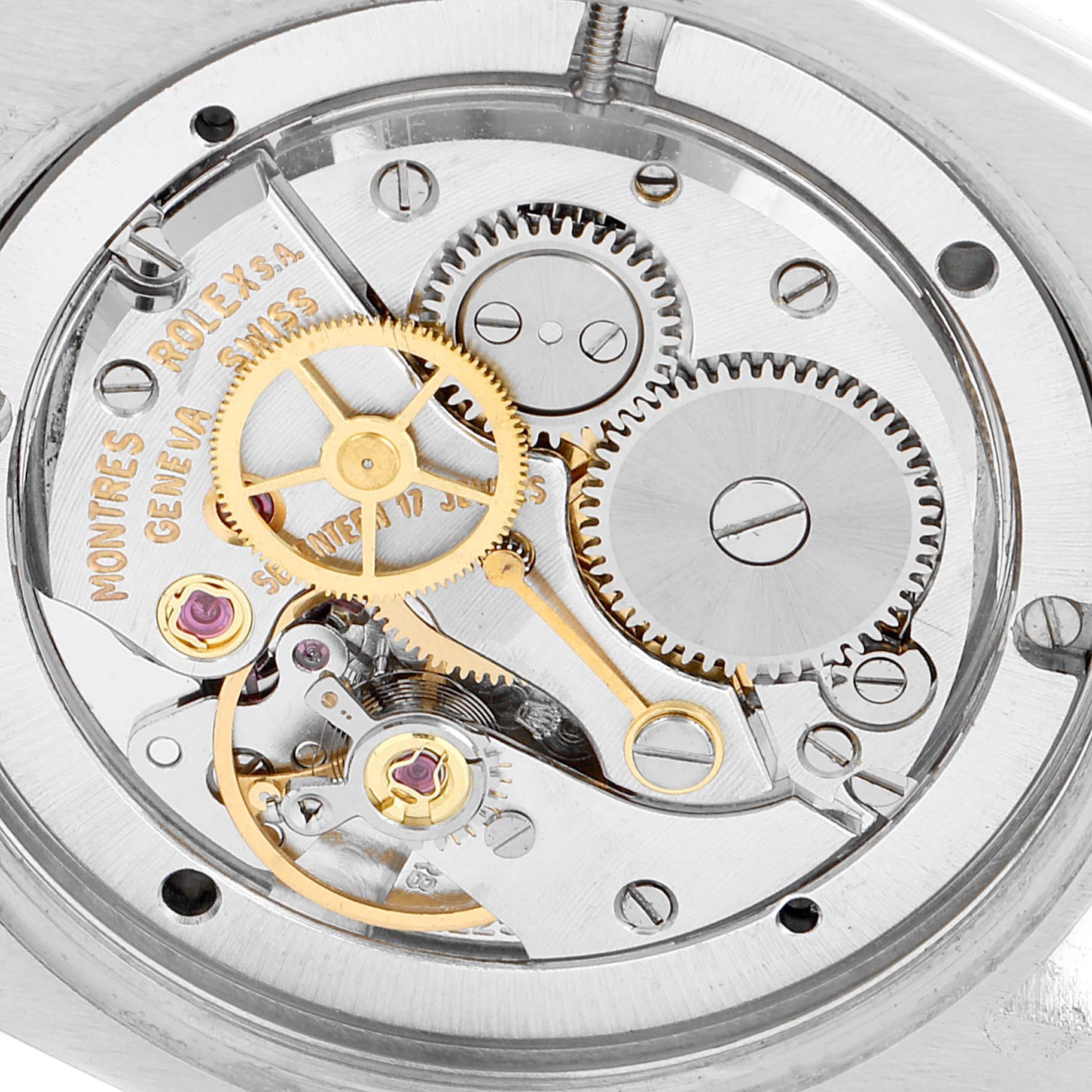 This image shows the movement mechanism of a Rolex Date 6694 Men's Stainless Steel Black Dial 6694 Men's Stainless Steel Black Dial watch, viewed from the back.