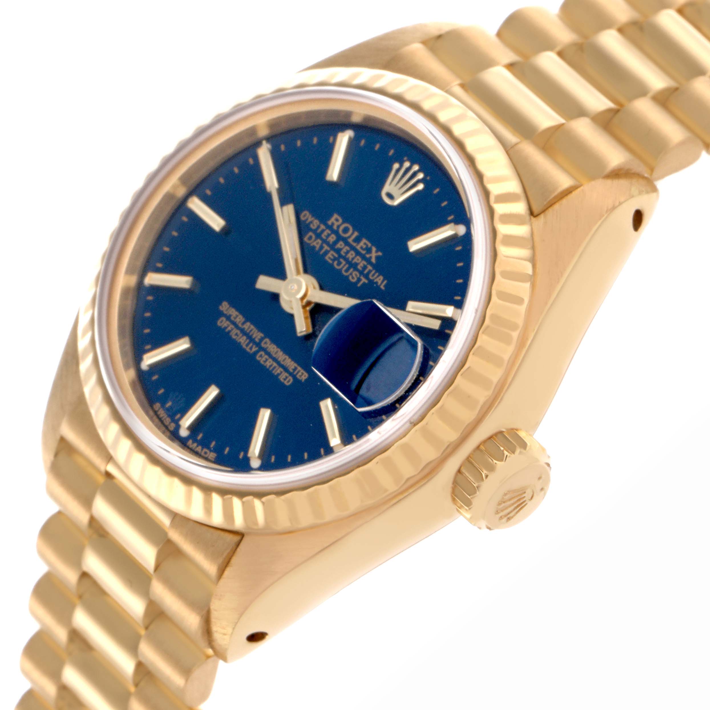 The Rolex President 69178 Women
s Yellow Gold Blue Dial 69178 Women
s Yellow Gold Blue Dial watch is shown at an angle displaying the face, side, bezel, crown, and part of the bracelet.