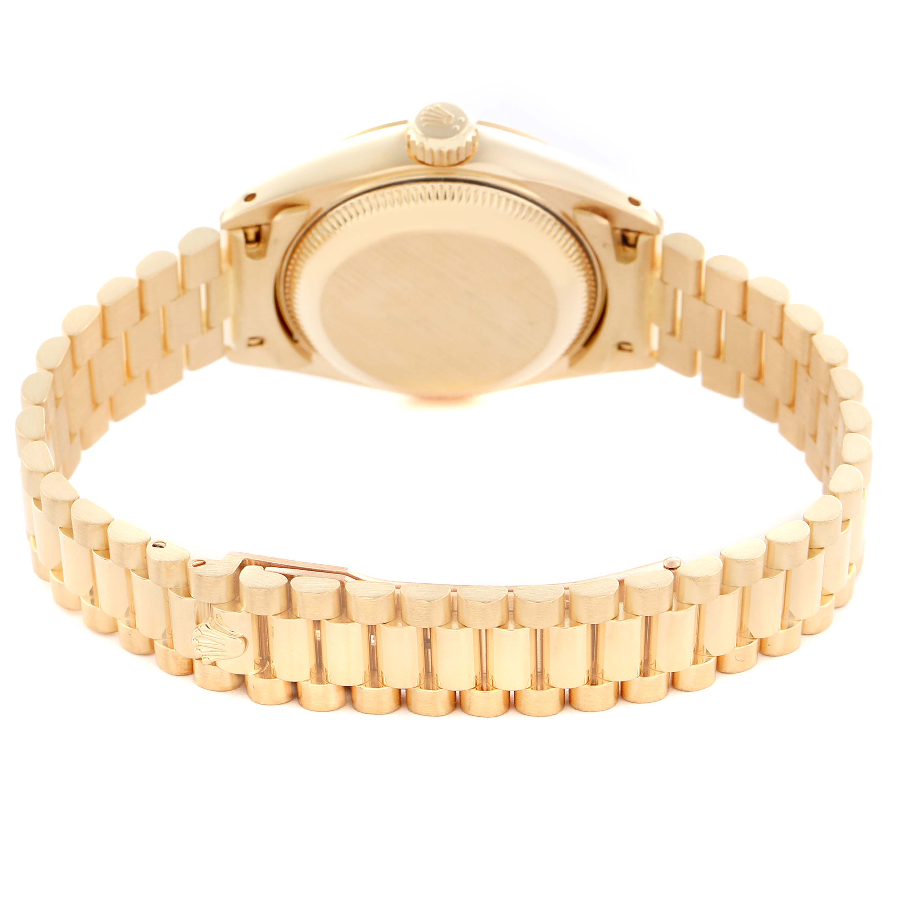 The image shows the back view of a Rolex President 69178 Women
s Yellow Gold Blue Dial 69178 Women
s Yellow Gold Blue Dial model, highlighting the gold bracelet and case back.