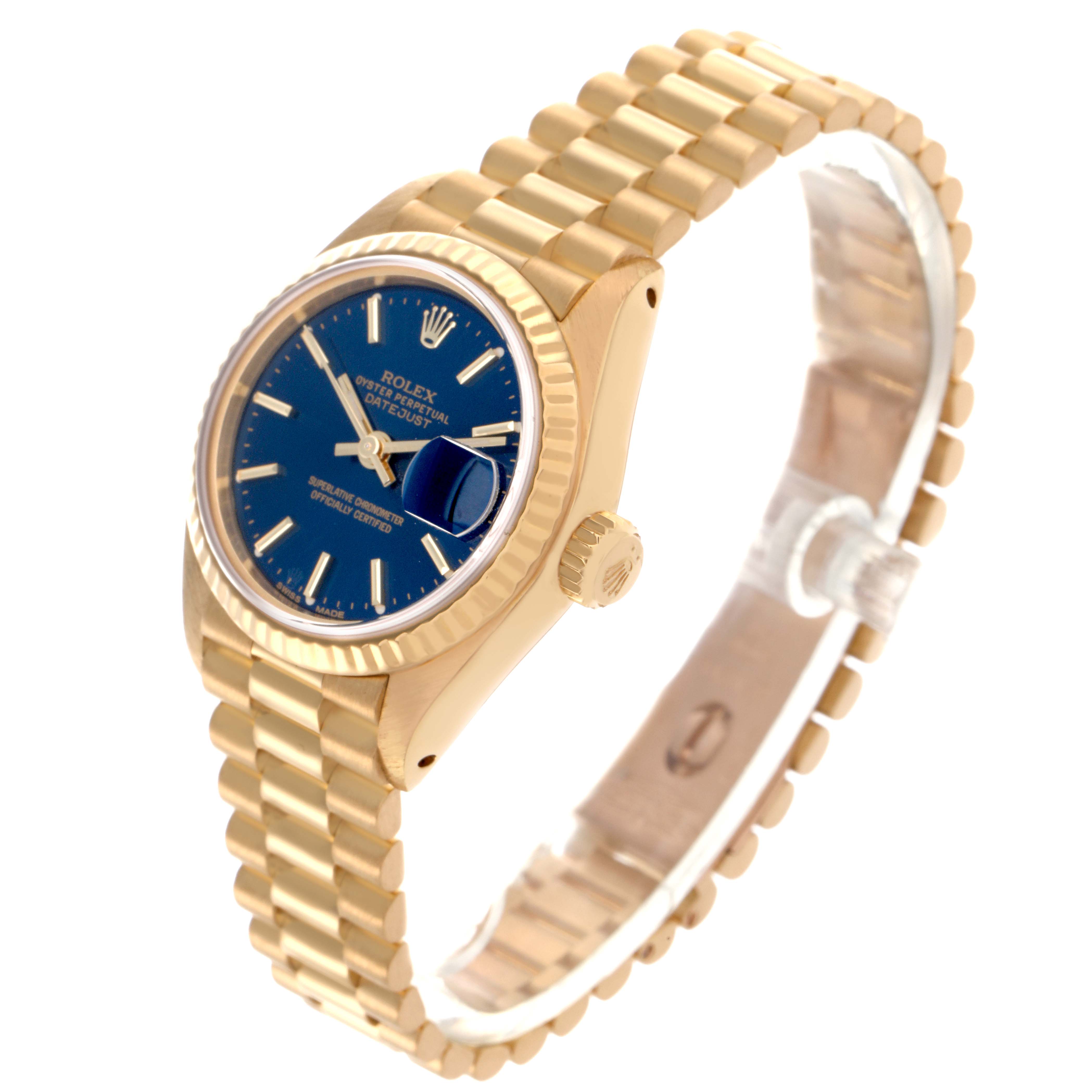 The Rolex President 69178 Women
s Yellow Gold Blue Dial 69178 Women
s Yellow Gold Blue Dial model is shown at an angled view, highlighting the blue dial, fluted bezel, and the iconic bracelet.