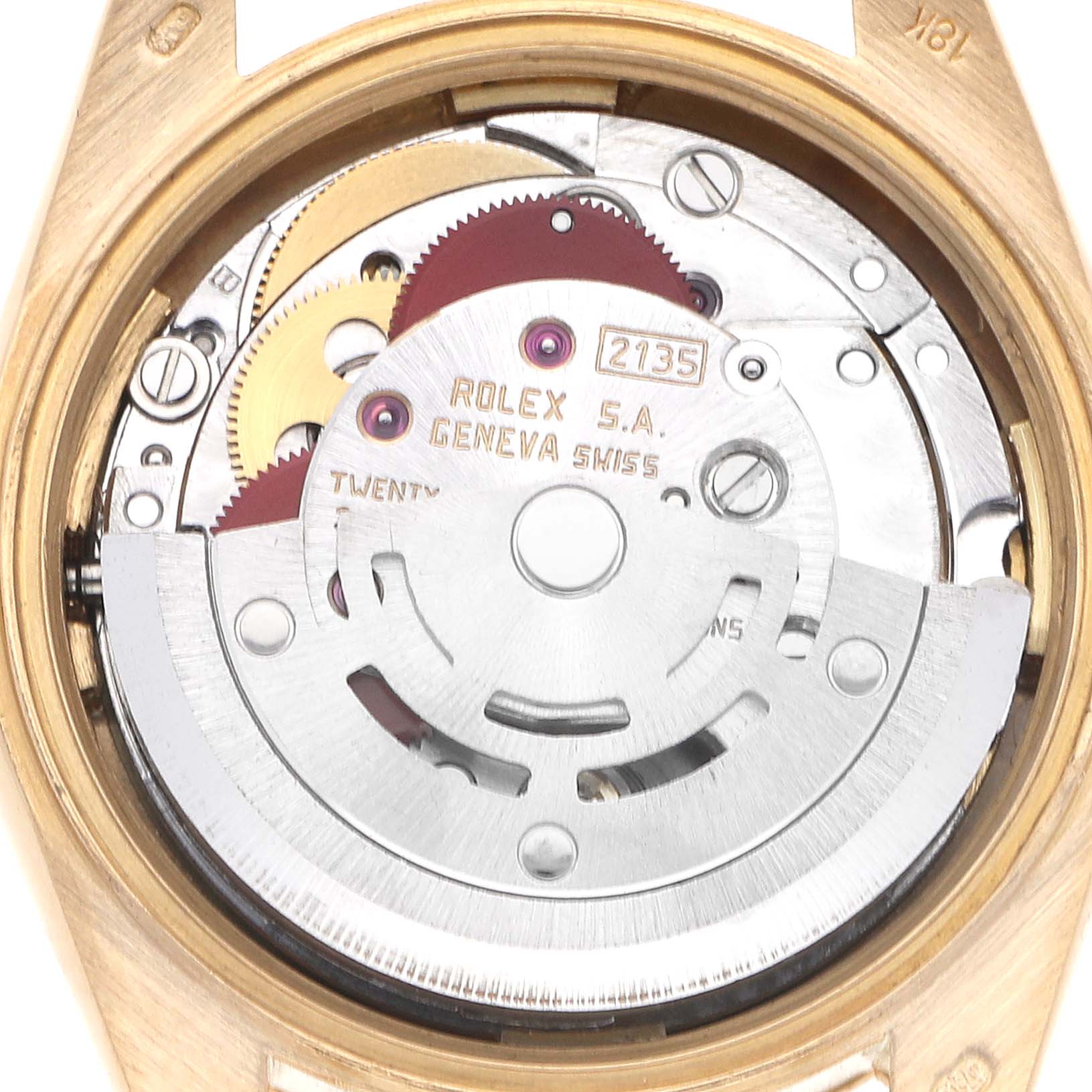 The image shows the internal movement mechanism of a Rolex President 69178 Women
s Yellow Gold Blue Dial 69178 Women
s Yellow Gold Blue Dial model, highlighting gears and the rotor at a close angle.