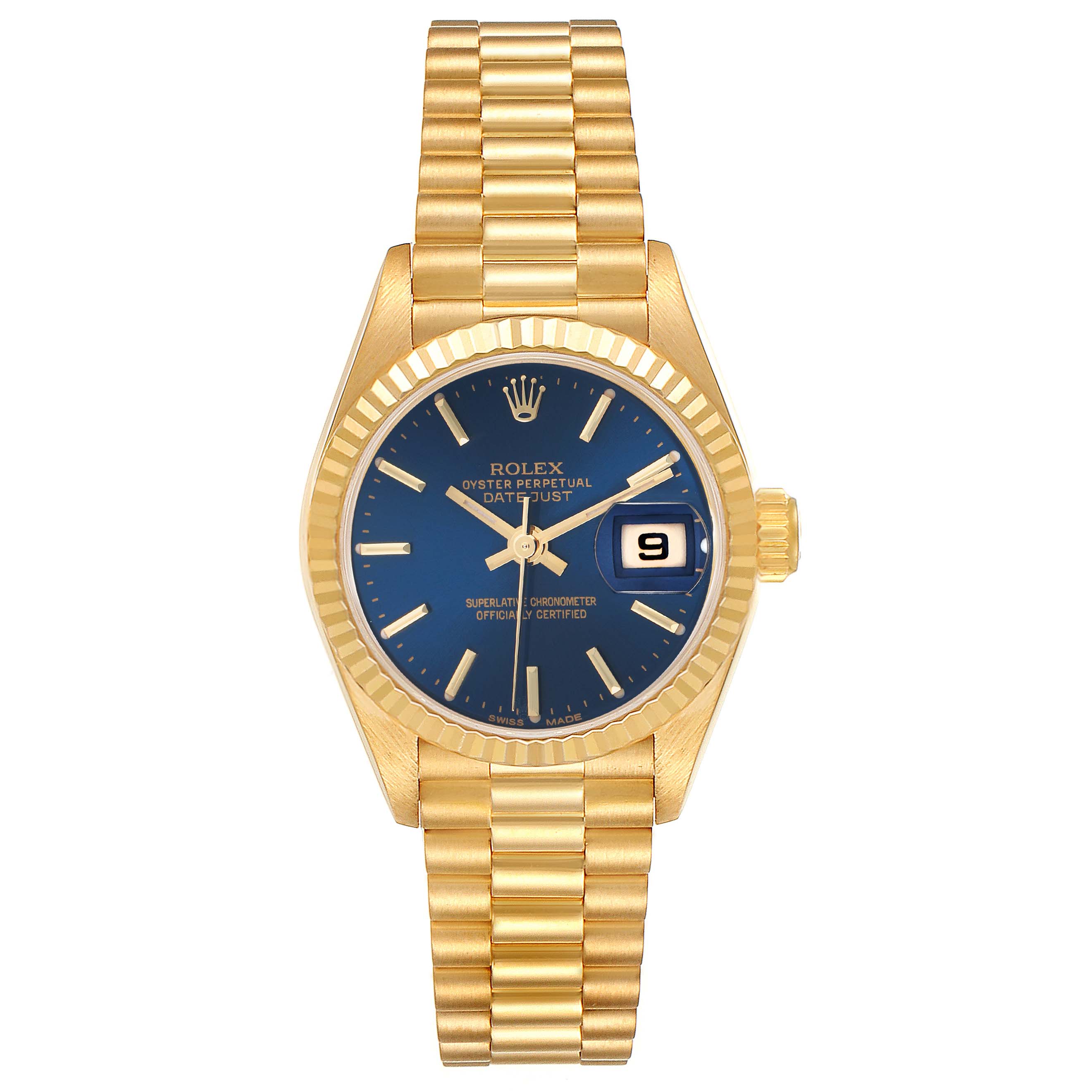 The Rolex President 69178 Women
s Yellow Gold Blue Dial 69178 Women
s Yellow Gold Blue Dial model is shown from the front, highlighting its dial, bezel, bracelet, and crown.