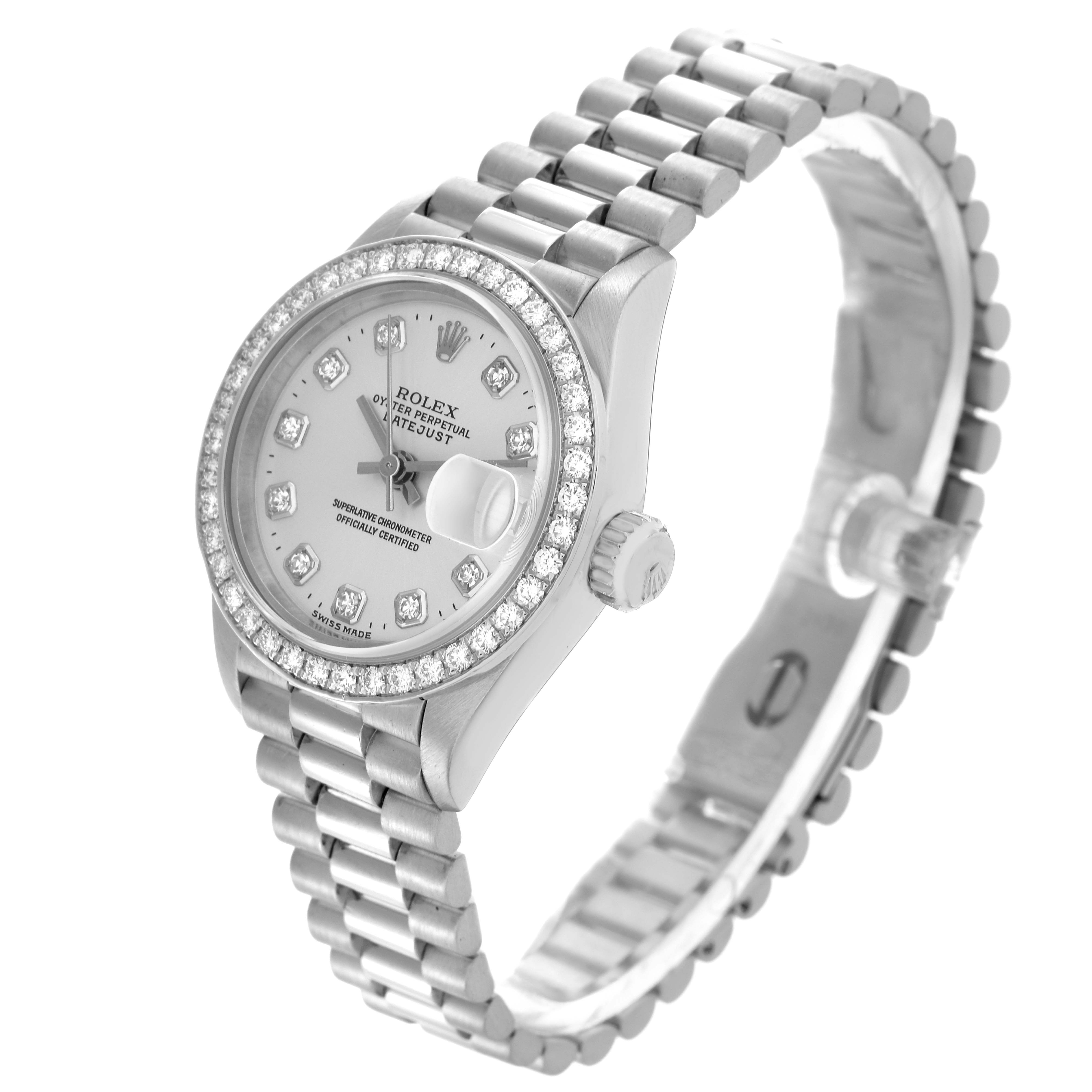 The Rolex President 69136 Women
s Platinum Silver Dial 69136 Women
s Platinum Silver Dial model is shown from an angled view, highlighting the bracelet, crown, and diamond bezel.