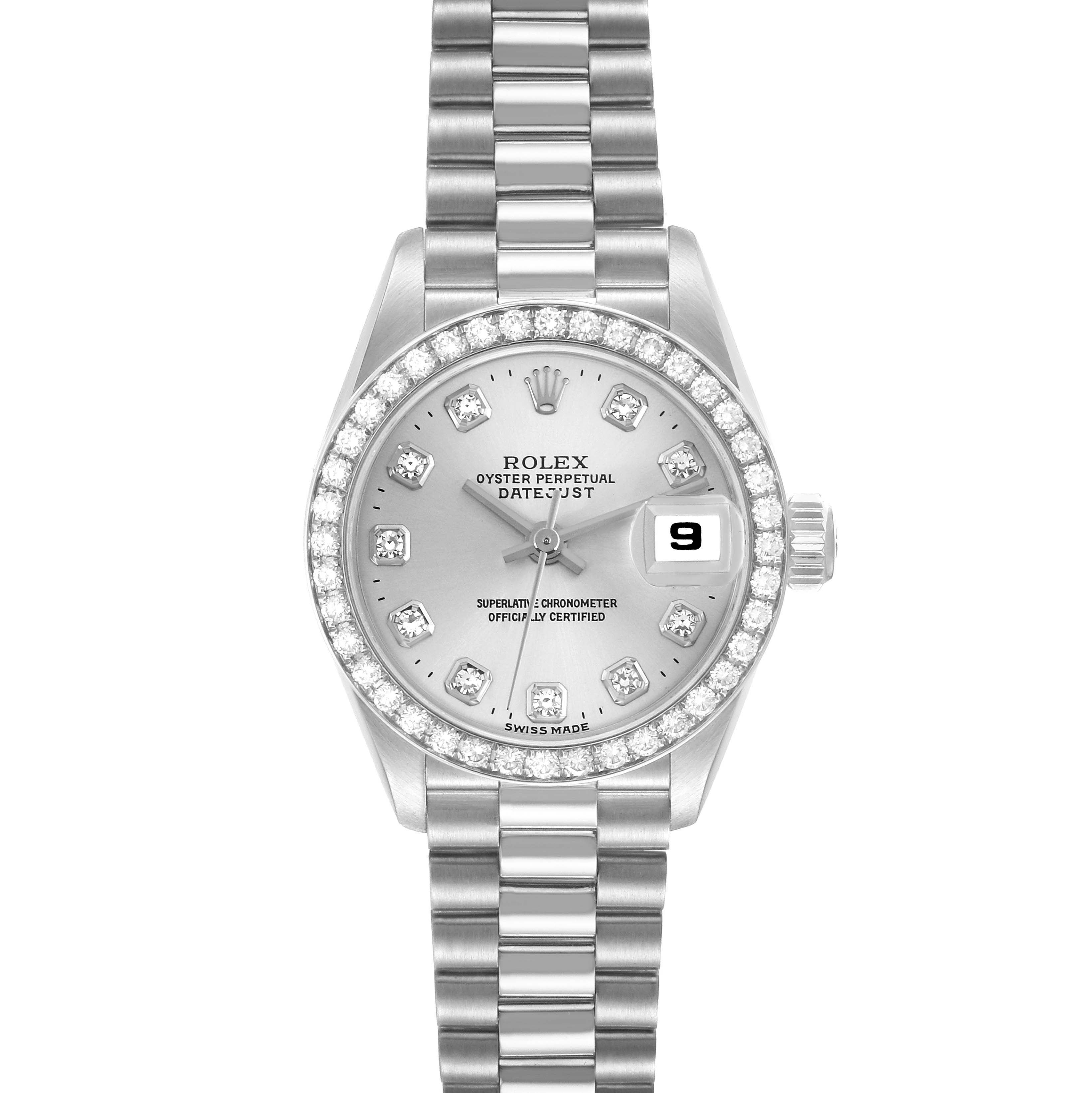 The Rolex President 69136 Women
s Platinum Silver Dial 69136 Women
s Platinum Silver Dial model is shown from the front, highlighting its diamond bezel, dial details, and bracelet.