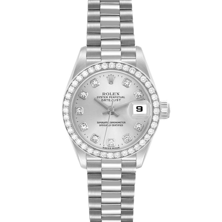 The Rolex President model is shown from the front, highlighting its diamond bezel, dial details, and bracelet.