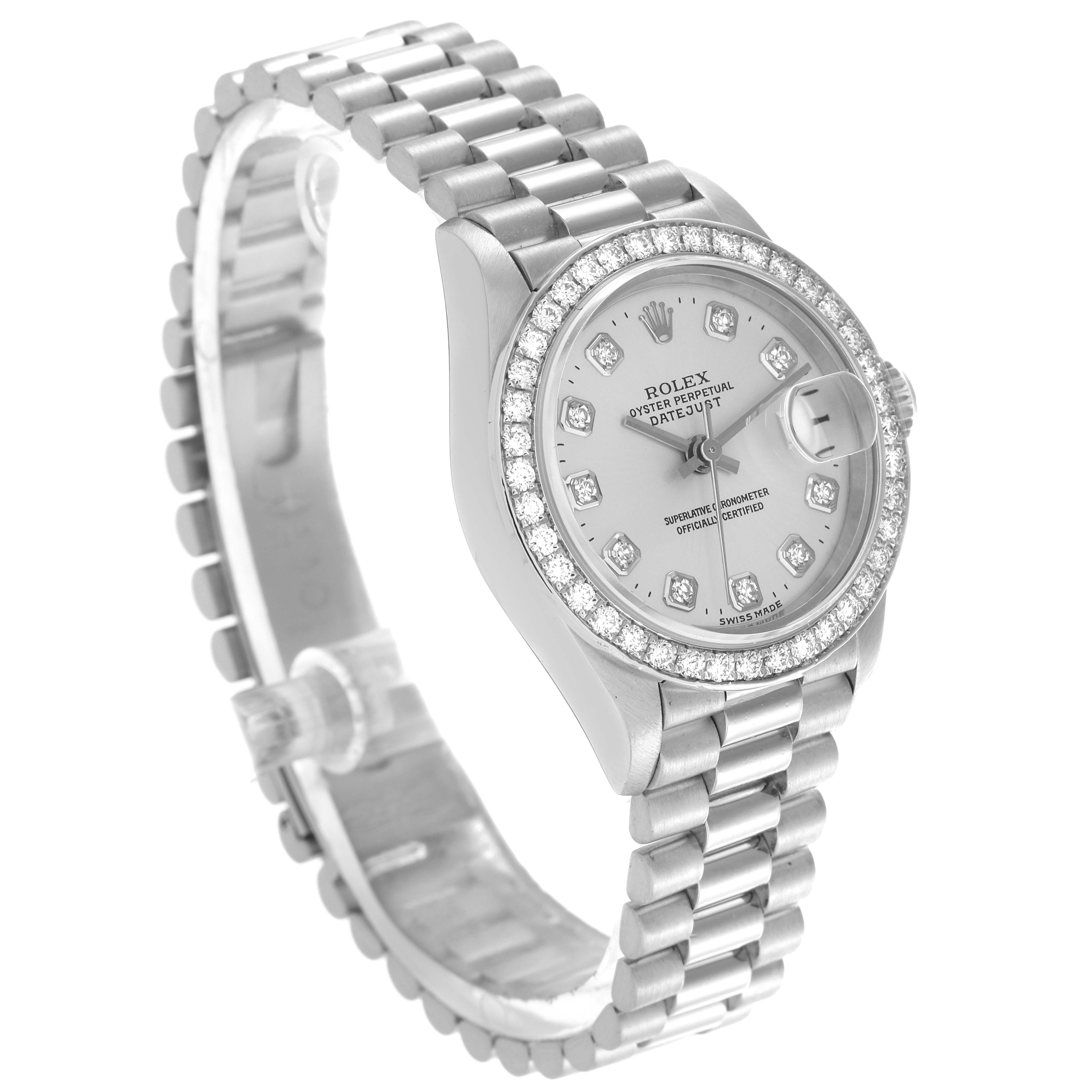 The Rolex President 69136 Women
s Platinum Silver Dial 69136 Women
s Platinum Silver Dial model is shown at a slight angle, displaying the face, bezel, bracelet, and crown with a diamond-studded bezel.