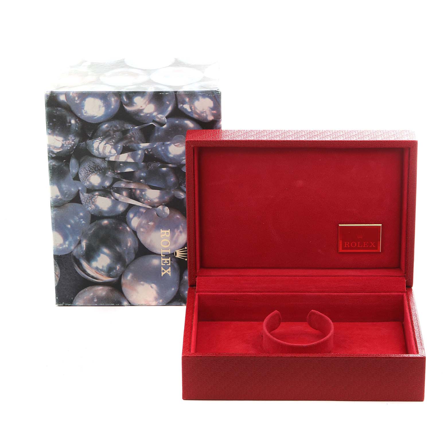 The image shows a red Rolex watch box for the President model and its outer packaging.