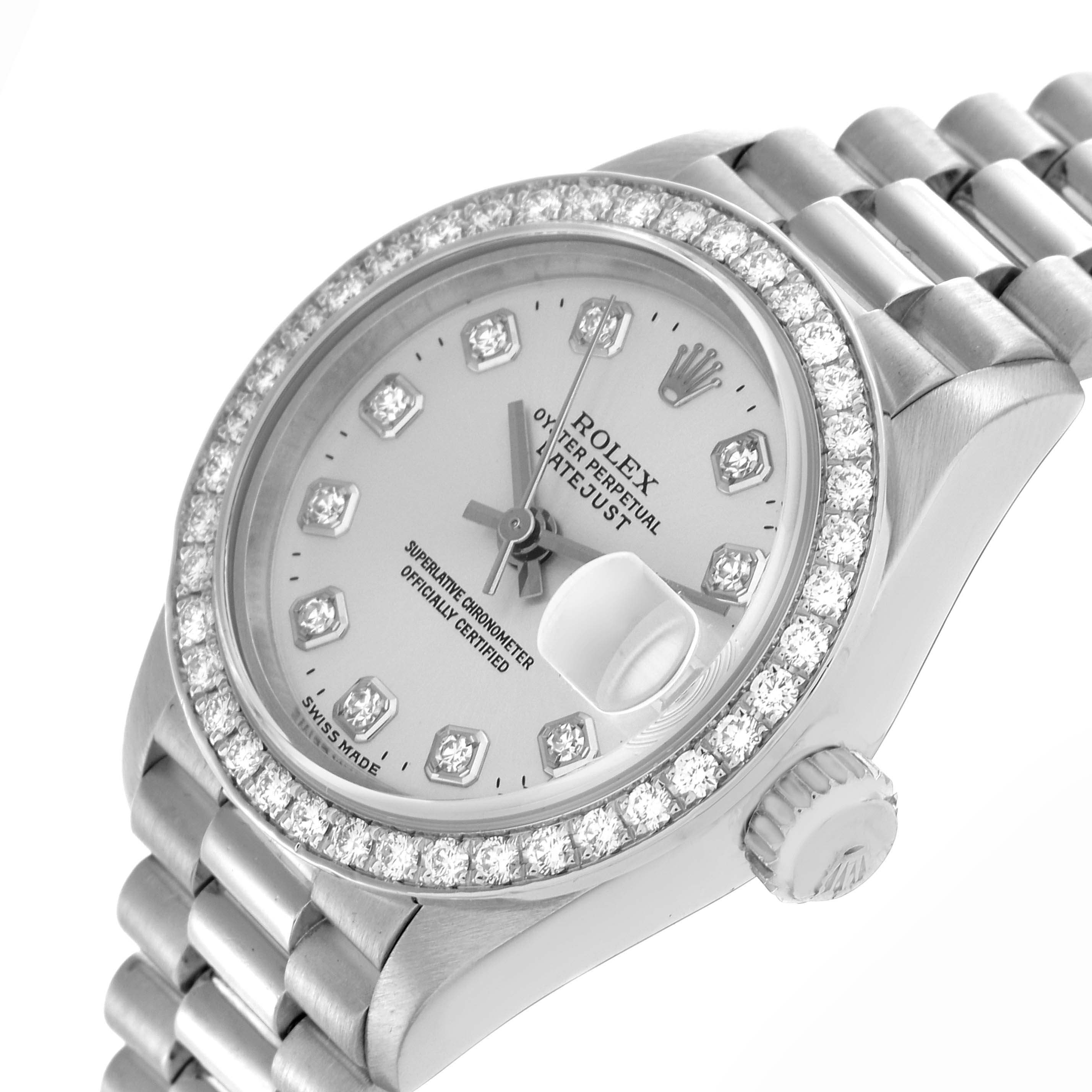 The Rolex President 69136 Women
s Platinum Silver Dial 69136 Women
s Platinum Silver Dial model is shown at an angle highlighting the dial, diamond bezel, bracelet, and crown.
