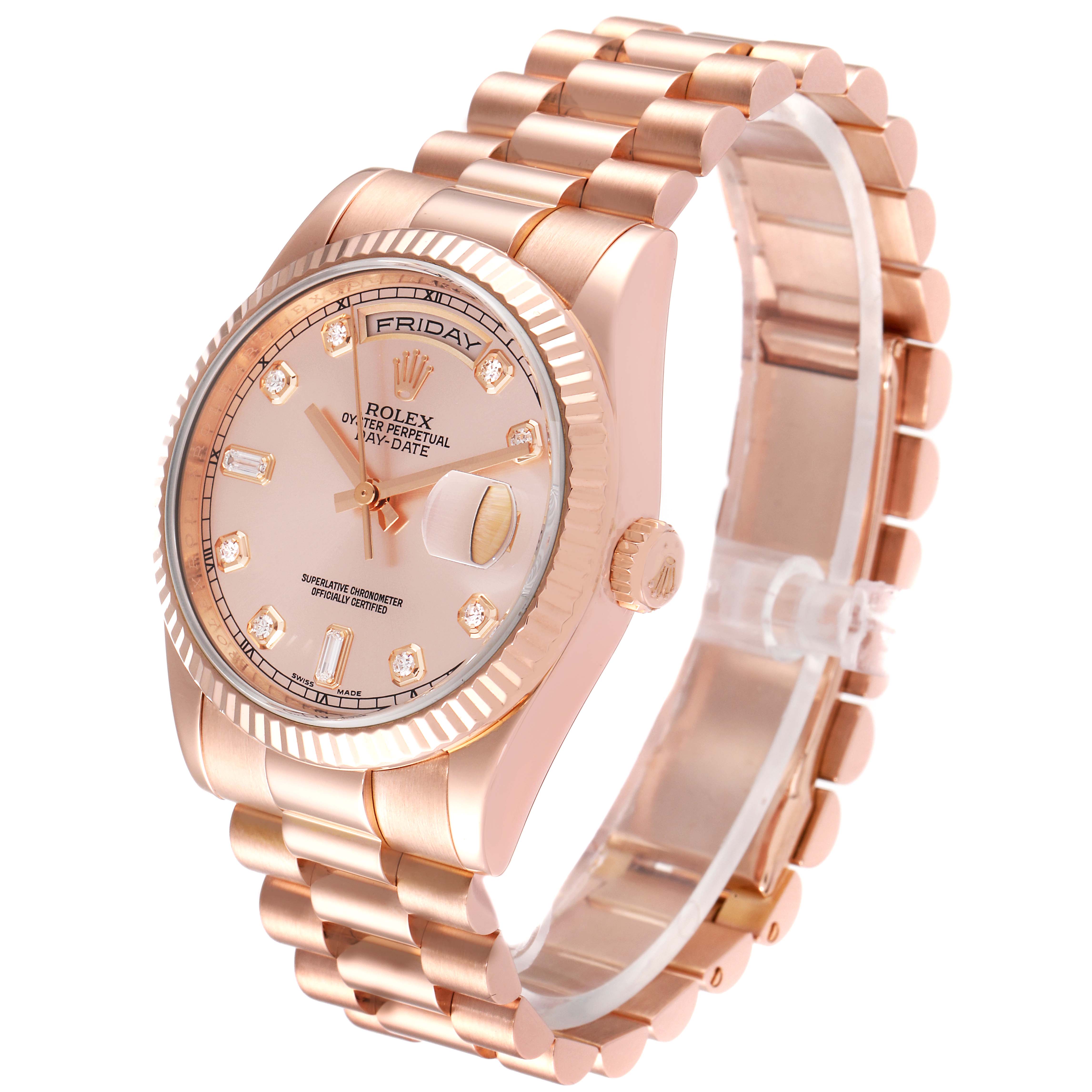 The image shows a Rolex President 118235 Men's Rose Gold Pink Dial 118235 Men's Rose Gold Pink Dial model watch from a three-quarter angle, highlighting the dial, bezel, case, and bracelet.