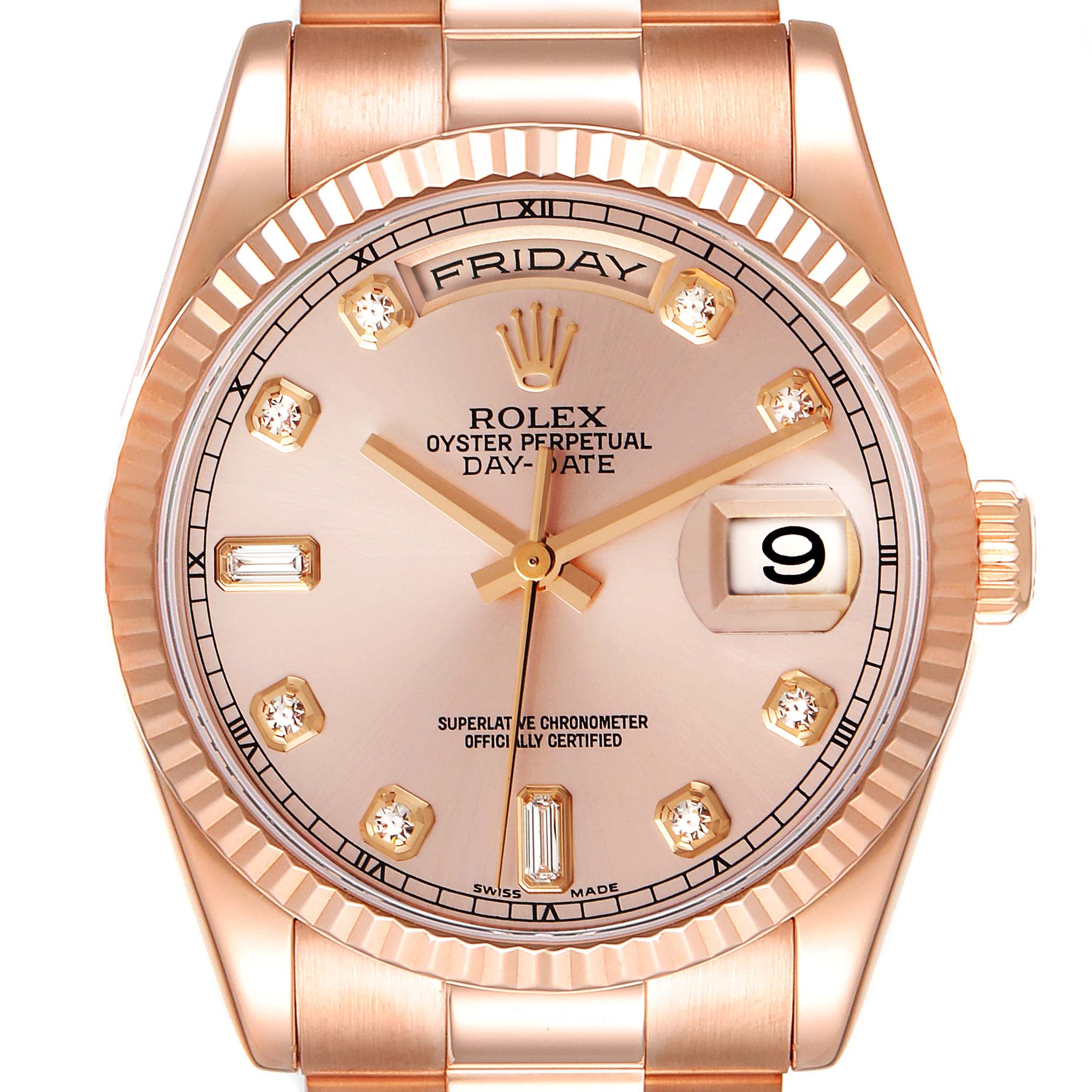 The image shows a front view of the Rolex President 118235 Men's Rose Gold Pink Dial 118235 Men's Rose Gold Pink Dial Day-Date watch, highlighting its face, strap, and time/date indicators.