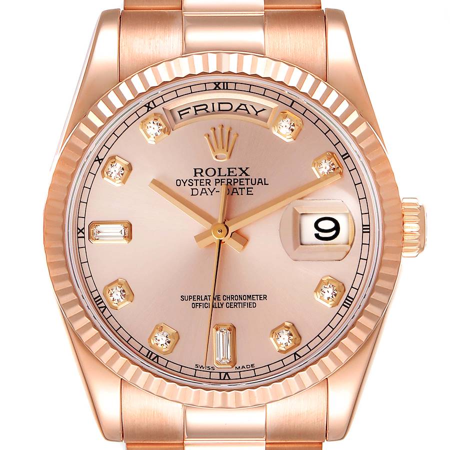 Rolex President Day Date 36 Everose Gold Diamond Mens Watch 118235 SwissWatchExpo