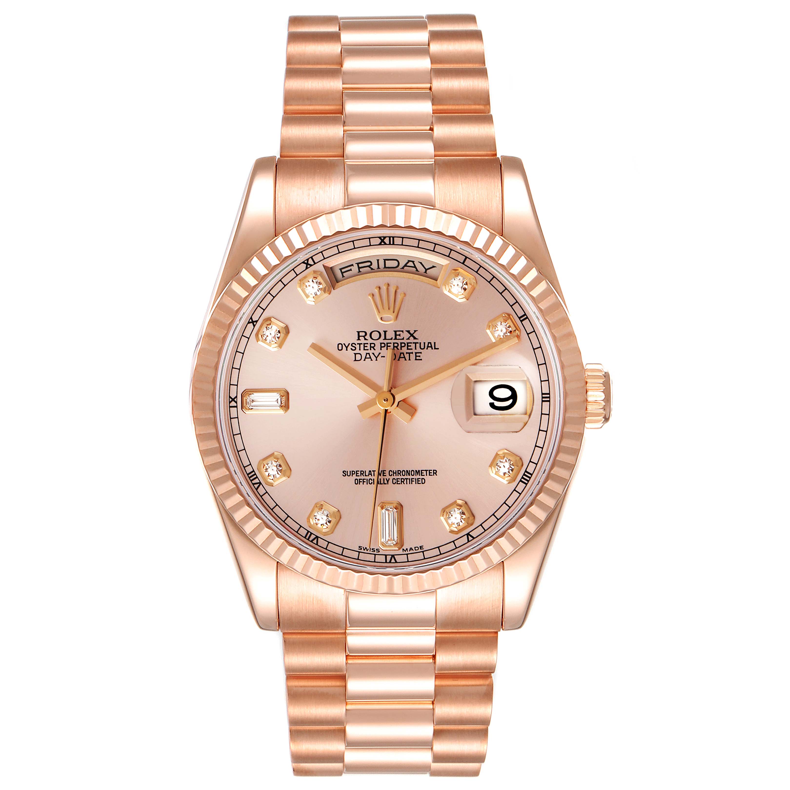 This image shows a frontal view of a Rolex President 118235 Men's Rose Gold Pink Dial 118235 Men's Rose Gold Pink Dial model watch, including the dial, bracelet, and date window.