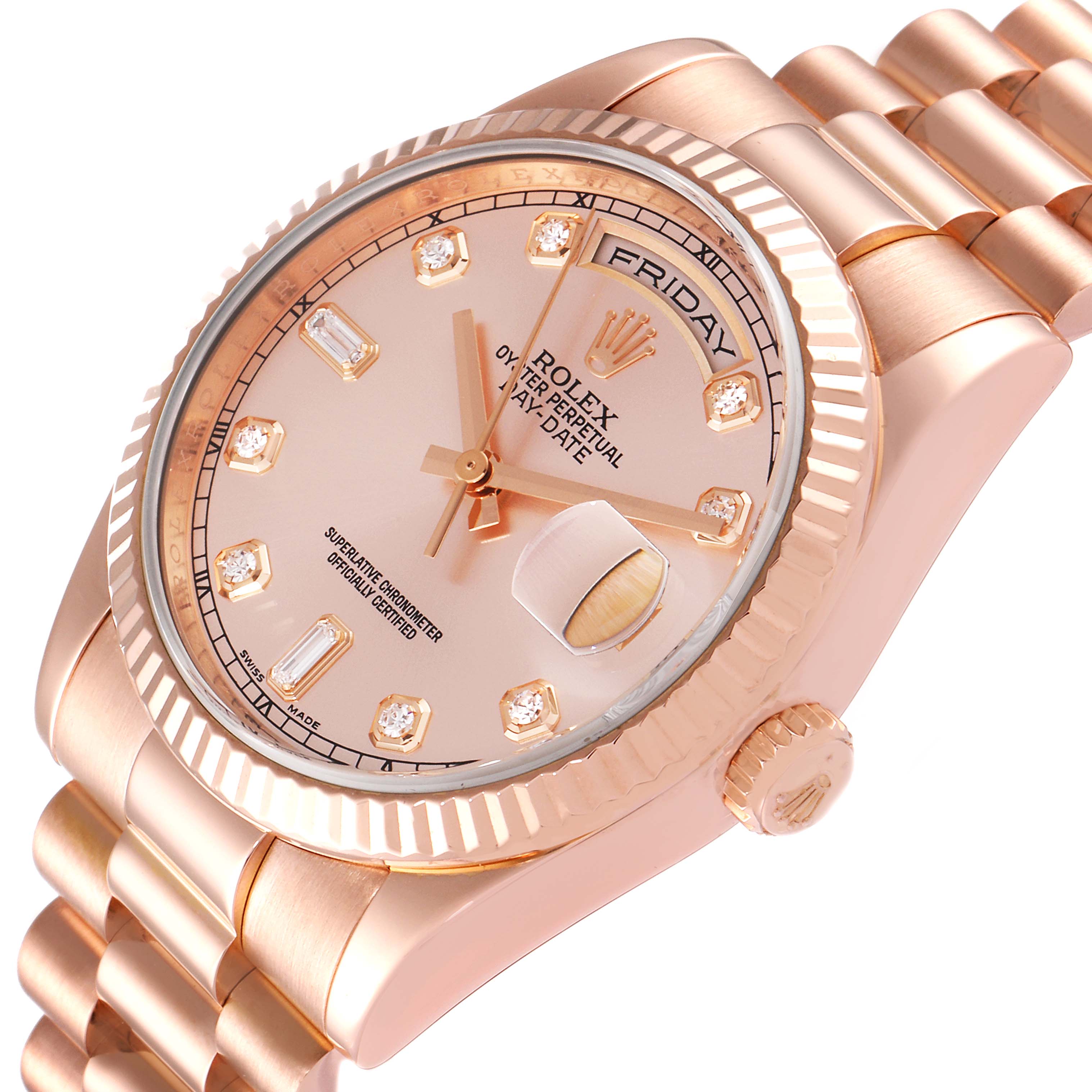 The Rolex President 118235 Men's Rose Gold Pink Dial 118235 Men's Rose Gold Pink Dial model watch is shown at an angle highlighting the dial, bezel, and part of the bracelet.