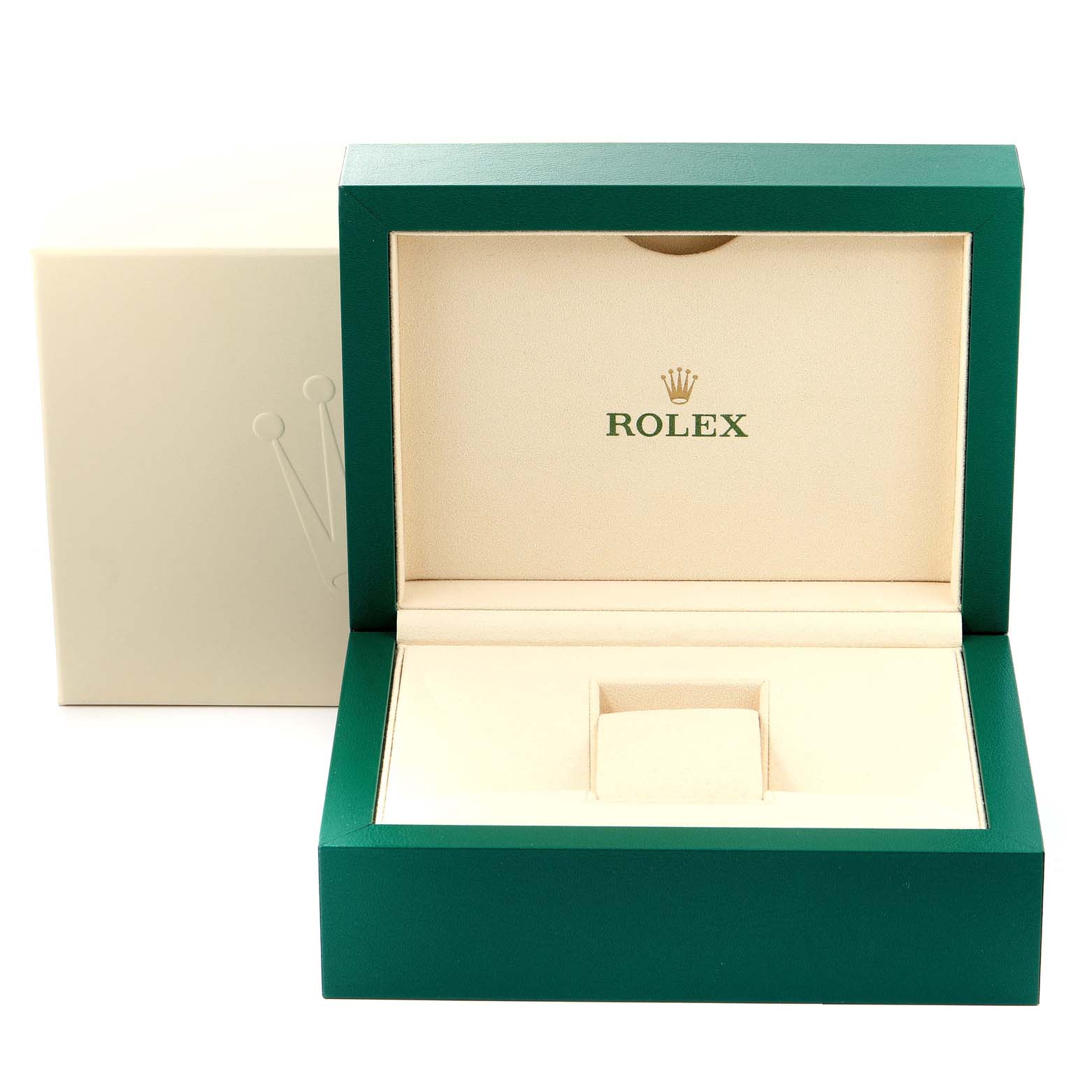 The image shows an open Rolex President 118235 Men's Rose Gold Pink Dial 118235 Men's Rose Gold Pink Dial model watch box with its green exterior and beige interior.